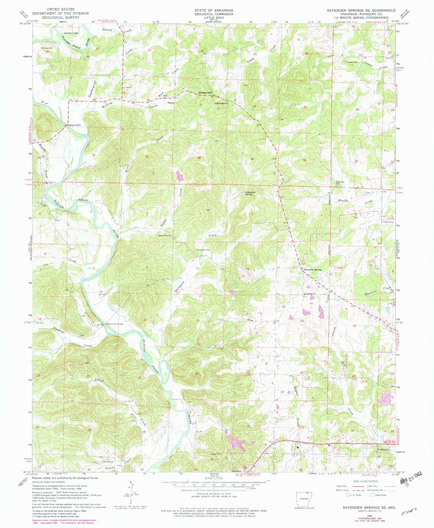 Classic USGS Ravenden Springs SE Arkansas 7.5'x7.5' Topo Map Image