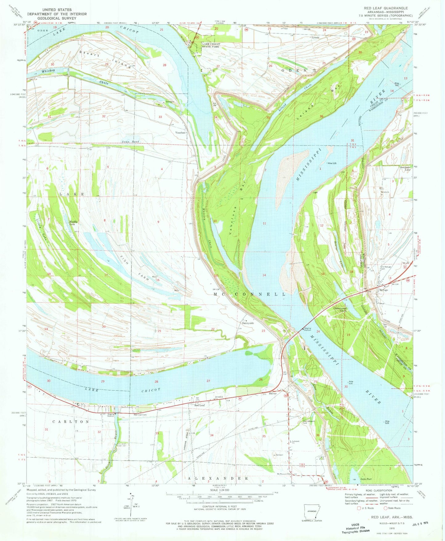 Classic USGS Red Leaf Arkansas 7.5'x7.5' Topo Map Image