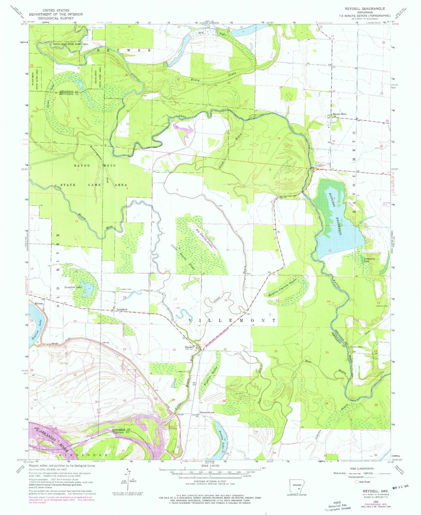Classic USGS Reydell Arkansas 7.5'x7.5' Topo Map Image