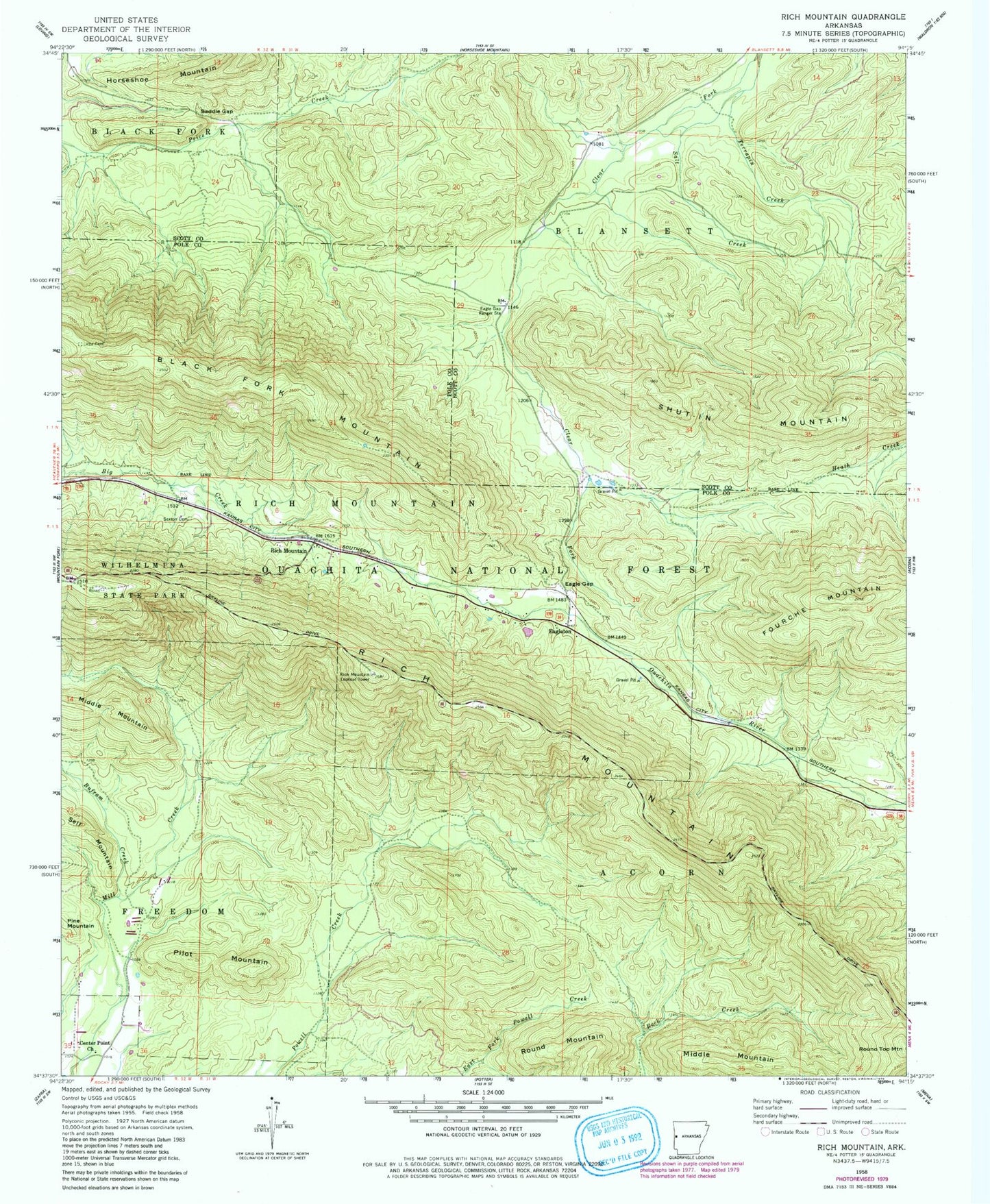 Classic USGS Rich Mountain Arkansas 7.5'x7.5' Topo Map Image