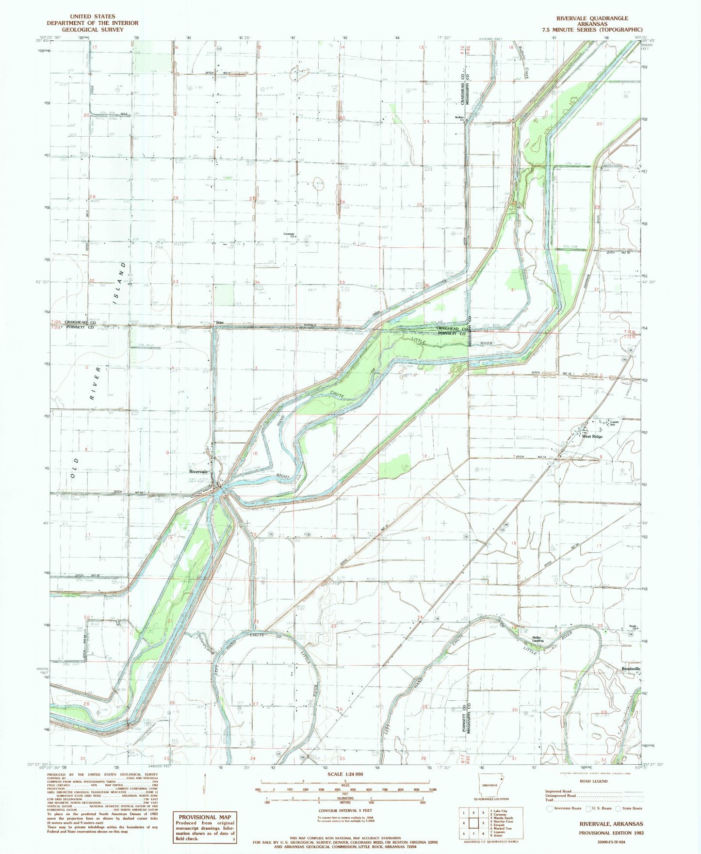 Classic USGS Rivervale Arkansas 7.5'x7.5' Topo Map Image
