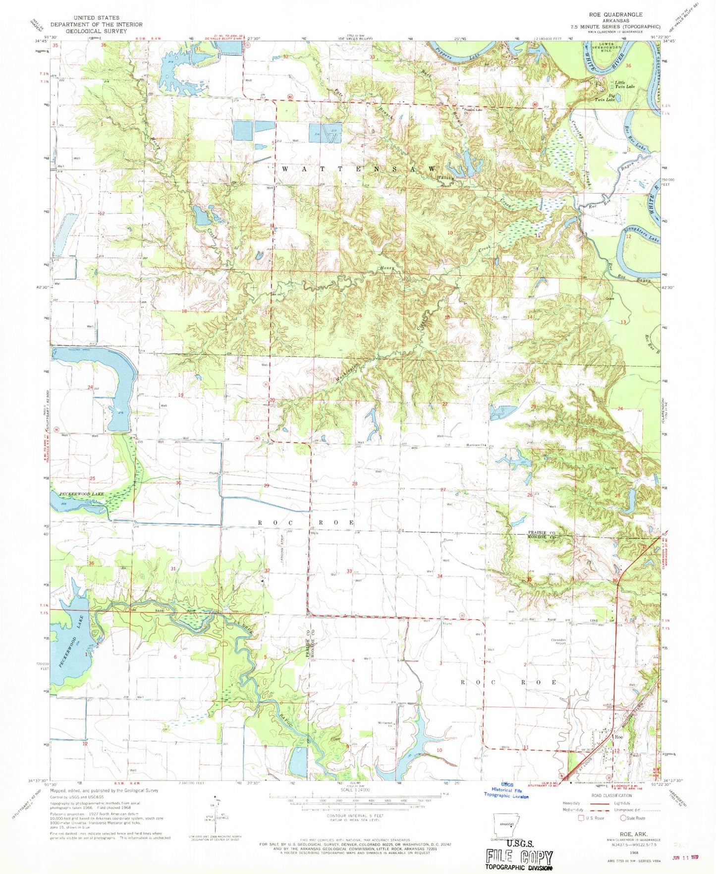 Classic USGS Roe Arkansas 7.5'x7.5' Topo Map Image