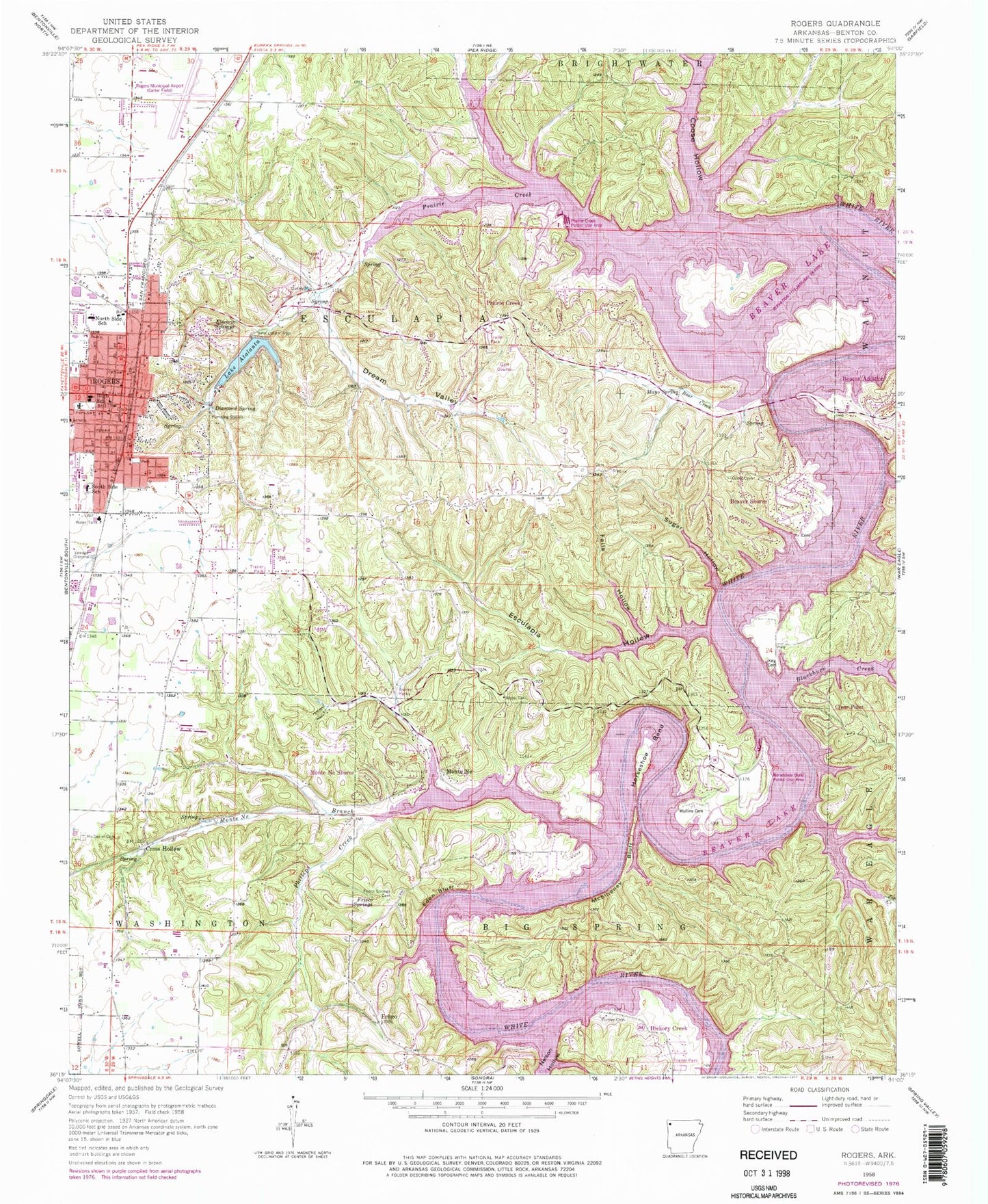 Classic USGS Rogers Arkansas 7.5'x7.5' Topo Map Image