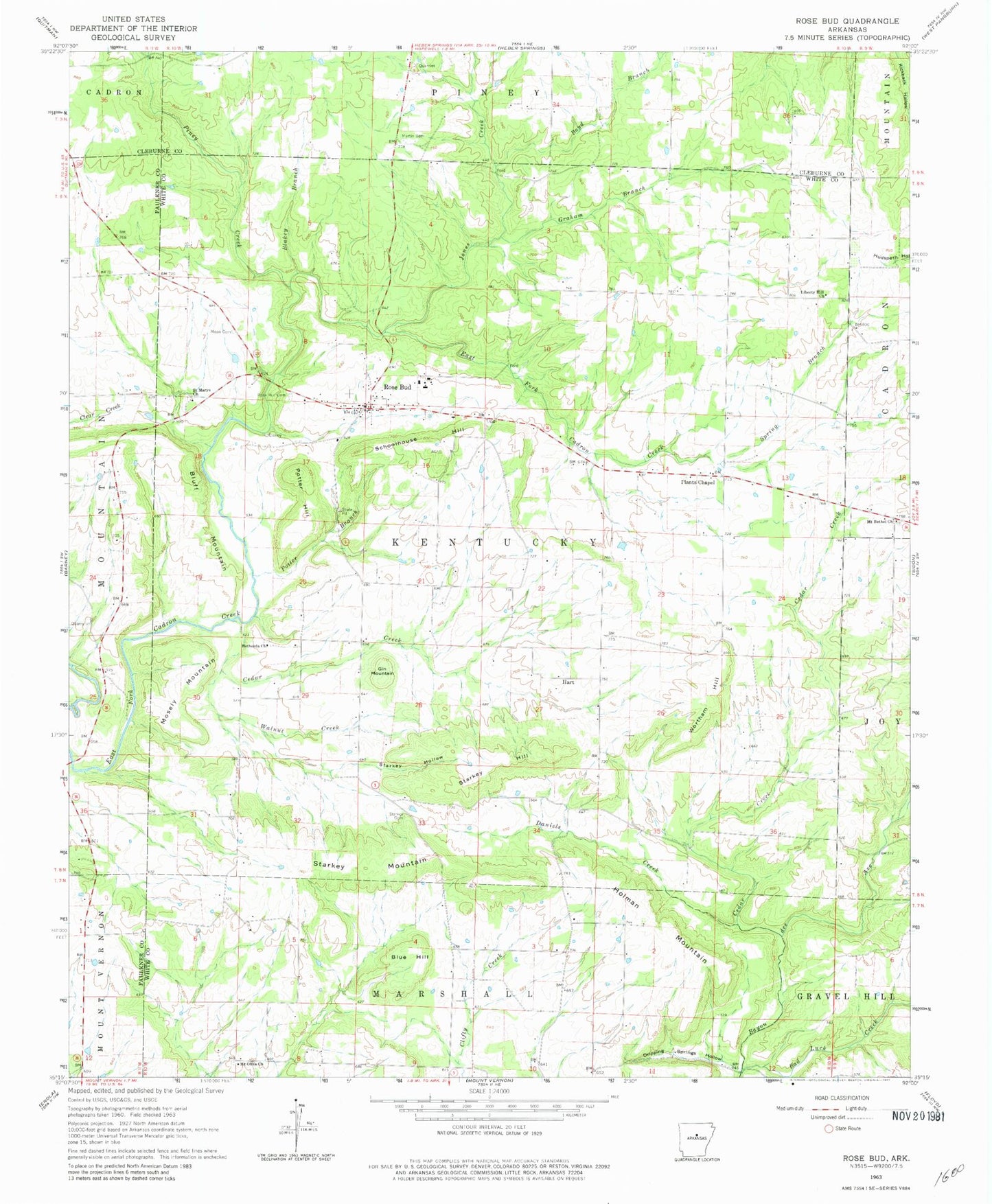 Classic USGS Rose Bud Arkansas 7.5'x7.5' Topo Map Image