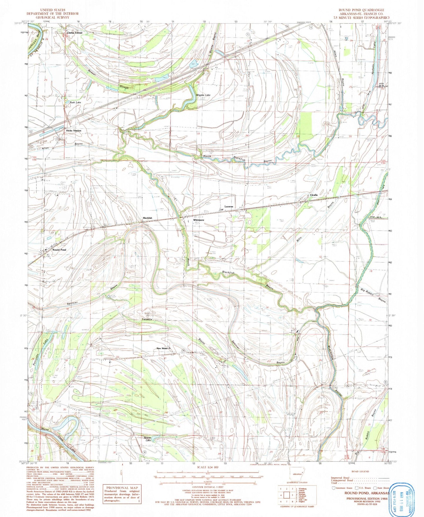 Classic USGS Round Pond Arkansas 7.5'x7.5' Topo Map Image