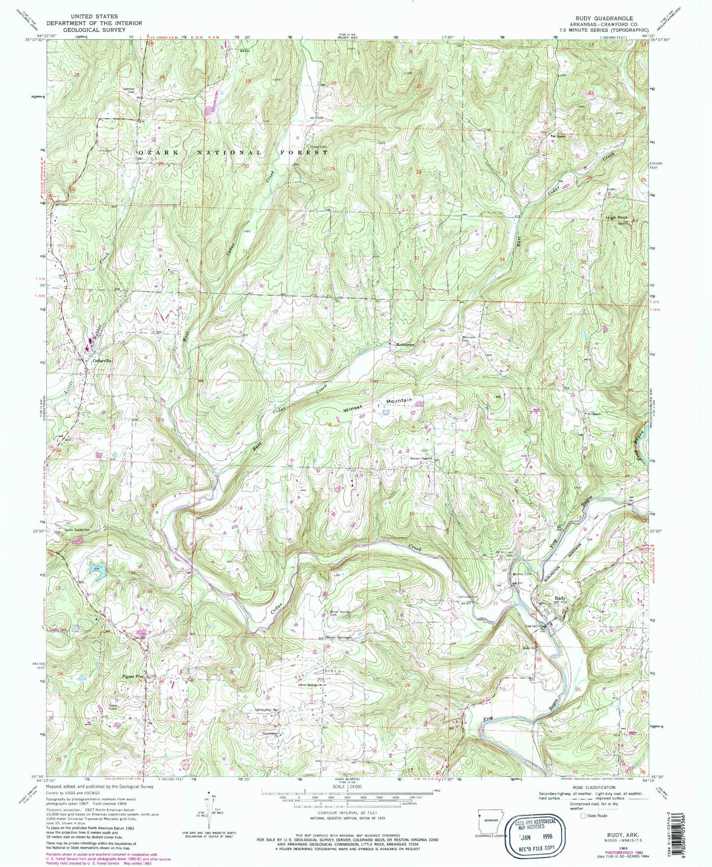 Classic USGS Rudy Arkansas 7.5'x7.5' Topo Map Image