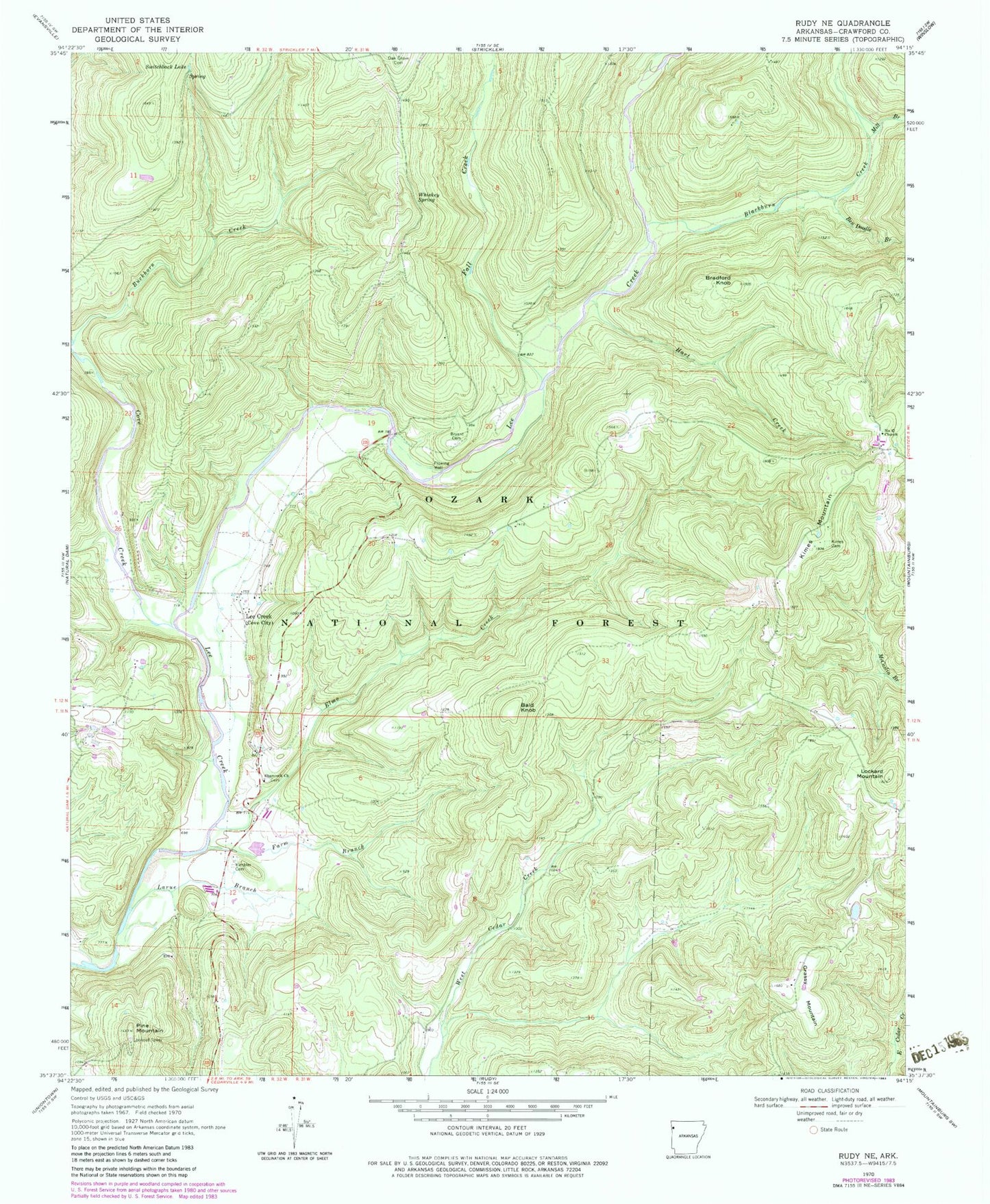 Classic USGS Rudy NE Arkansas 7.5'x7.5' Topo Map Image
