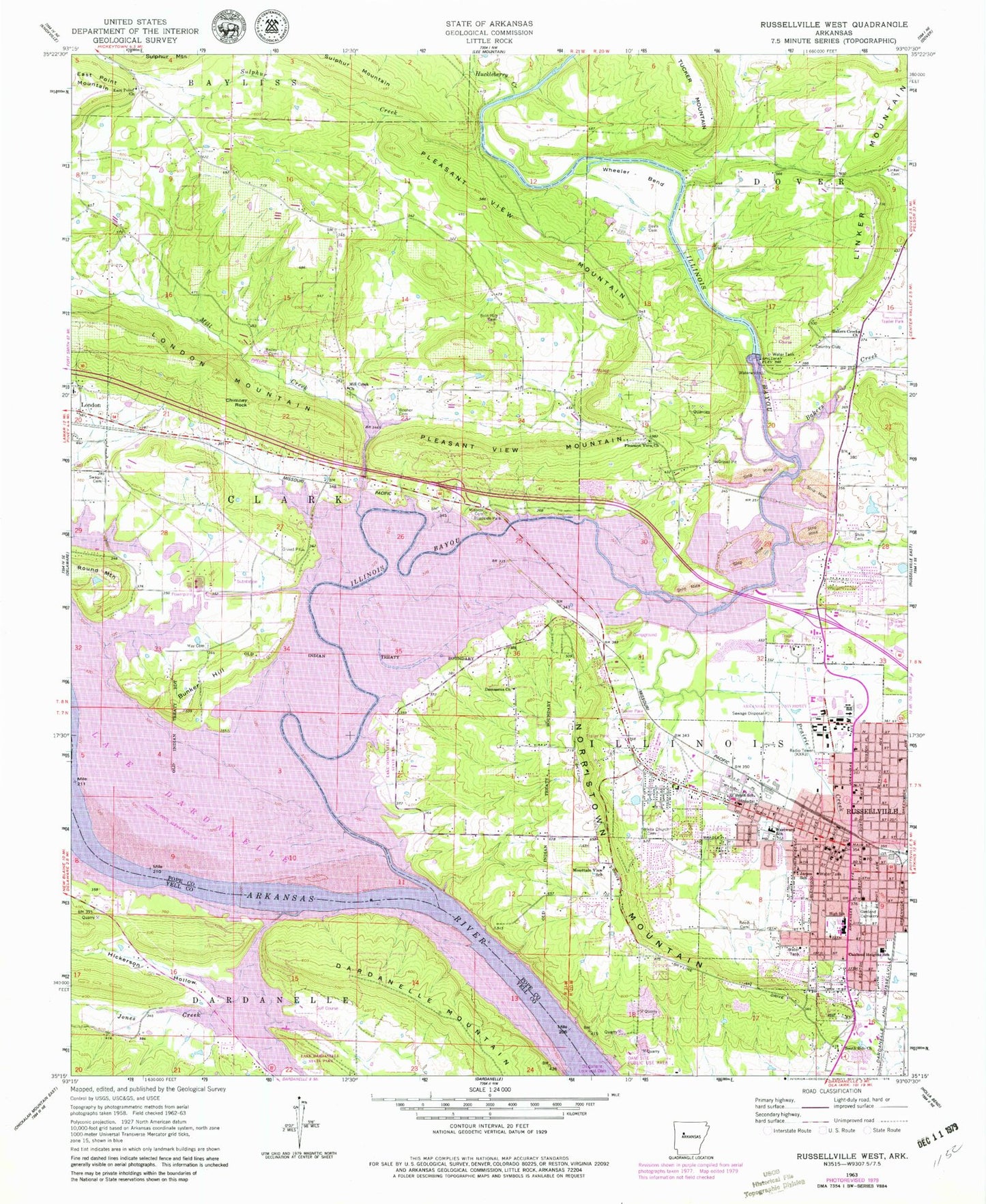 Classic USGS Russellville West Arkansas 7.5'x7.5' Topo Map Image