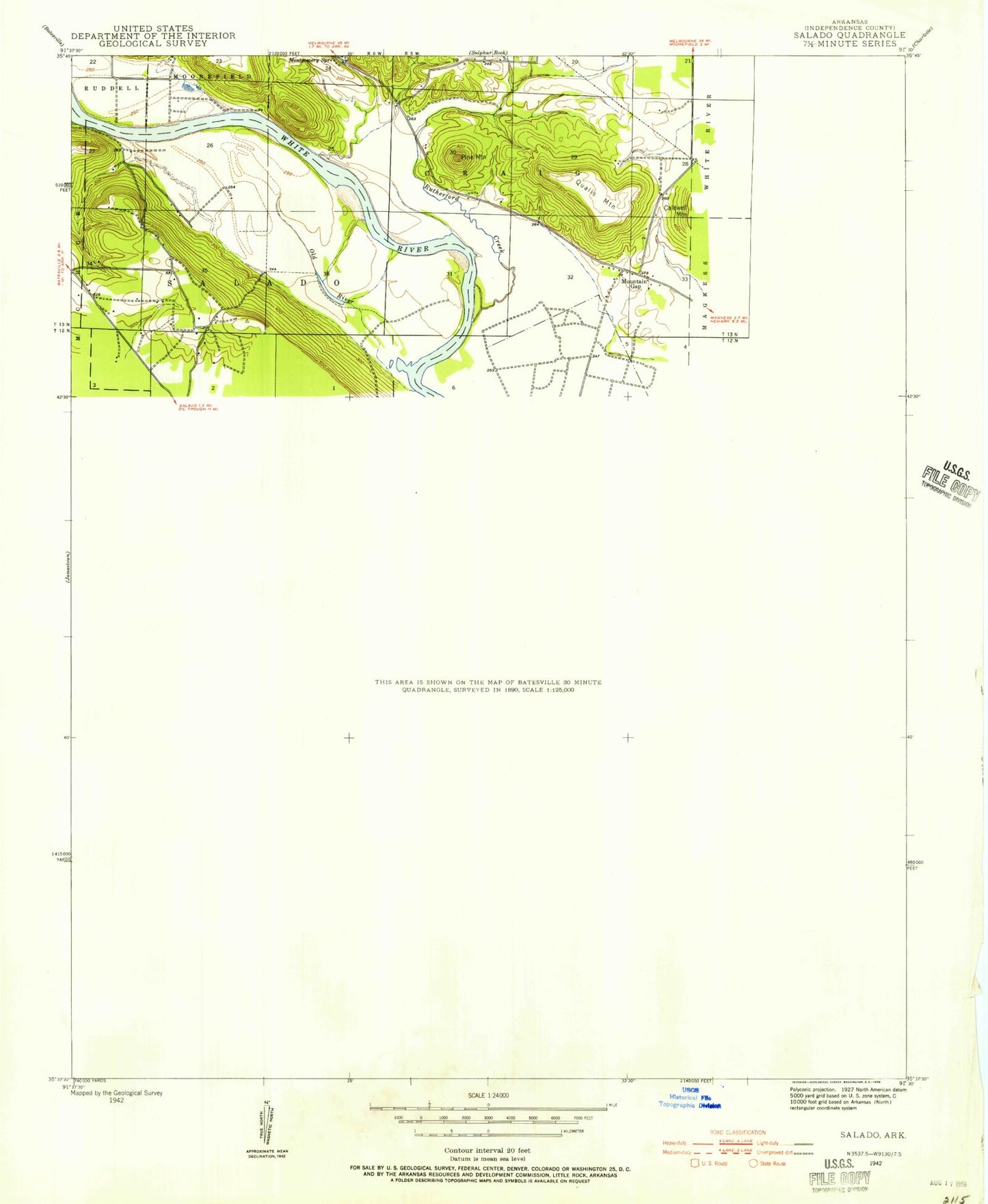 Classic USGS Salado Arkansas 7.5'x7.5' Topo Map Image