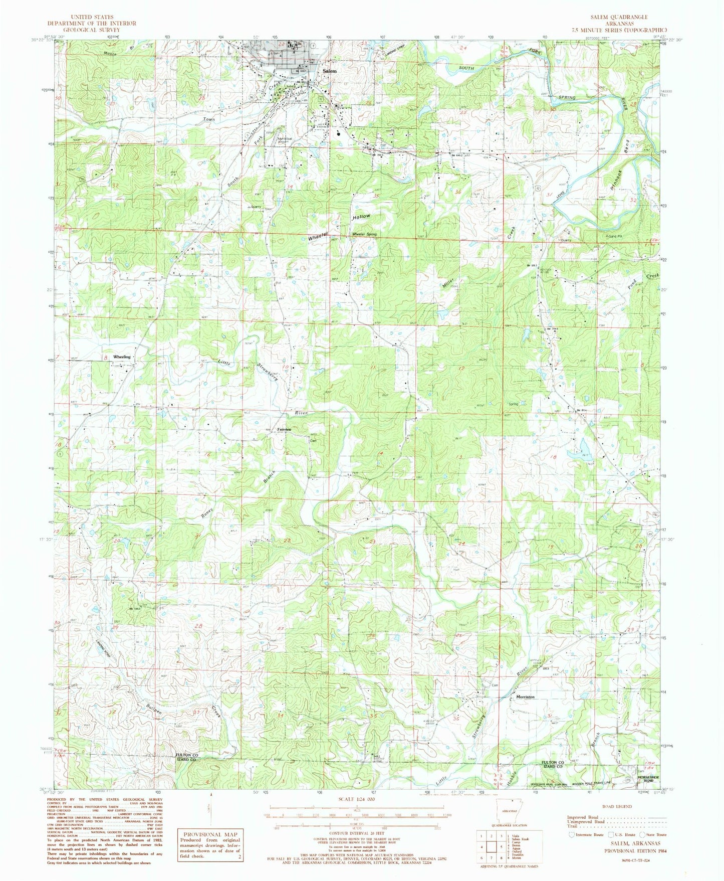 Classic USGS Salem Arkansas 7.5'x7.5' Topo Map Image