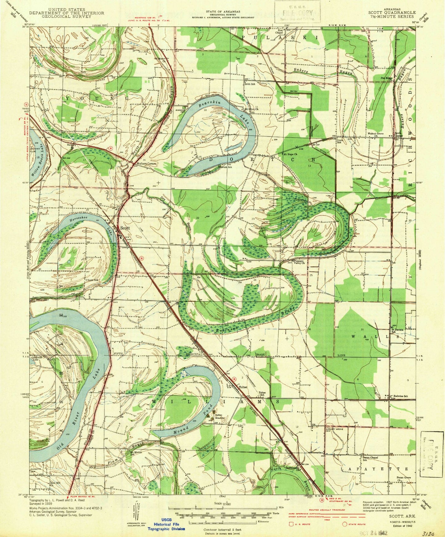 Classic USGS Scott Arkansas 7.5'x7.5' Topo Map Image
