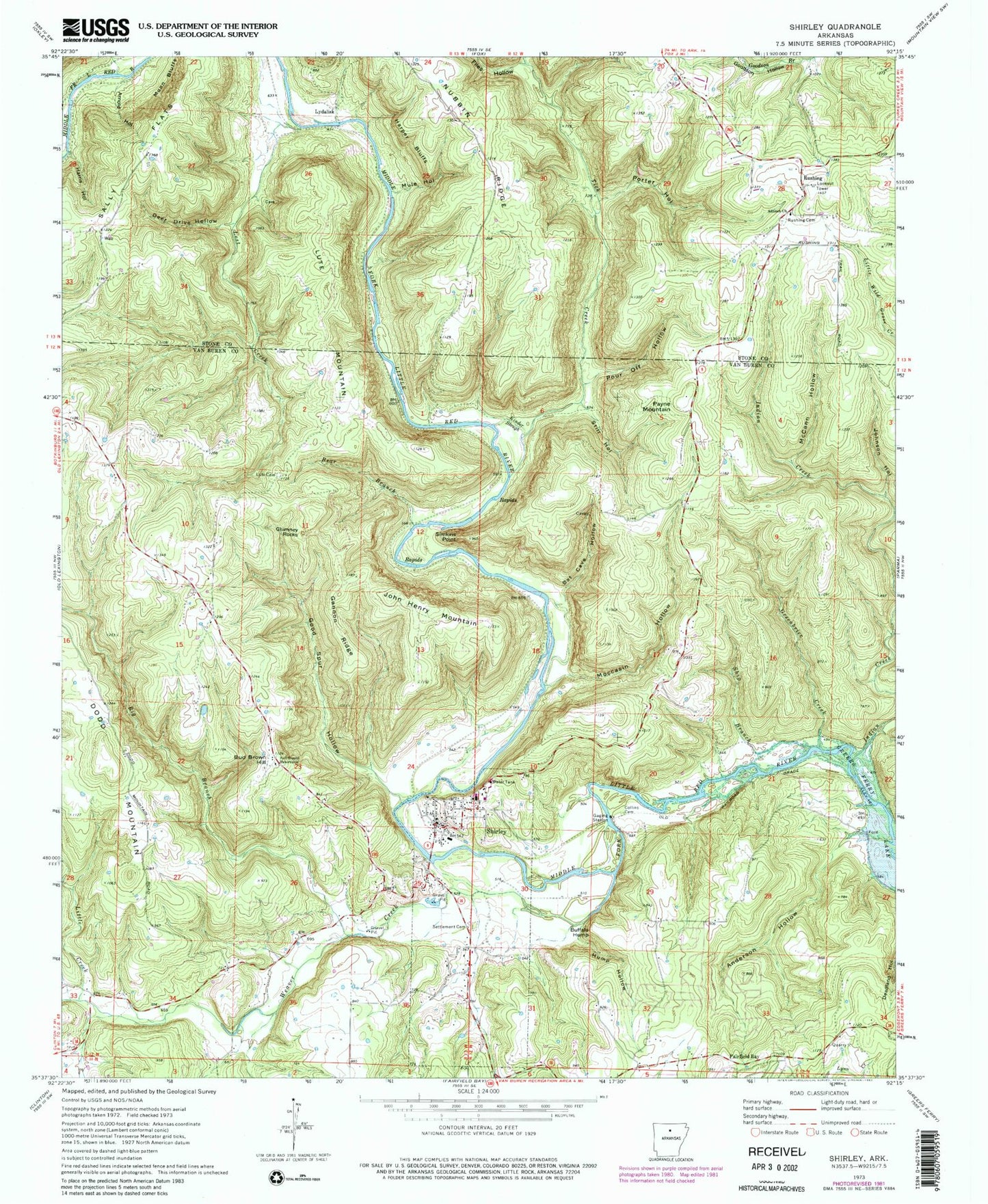 Classic USGS Shirley Arkansas 7.5'x7.5' Topo Map Image
