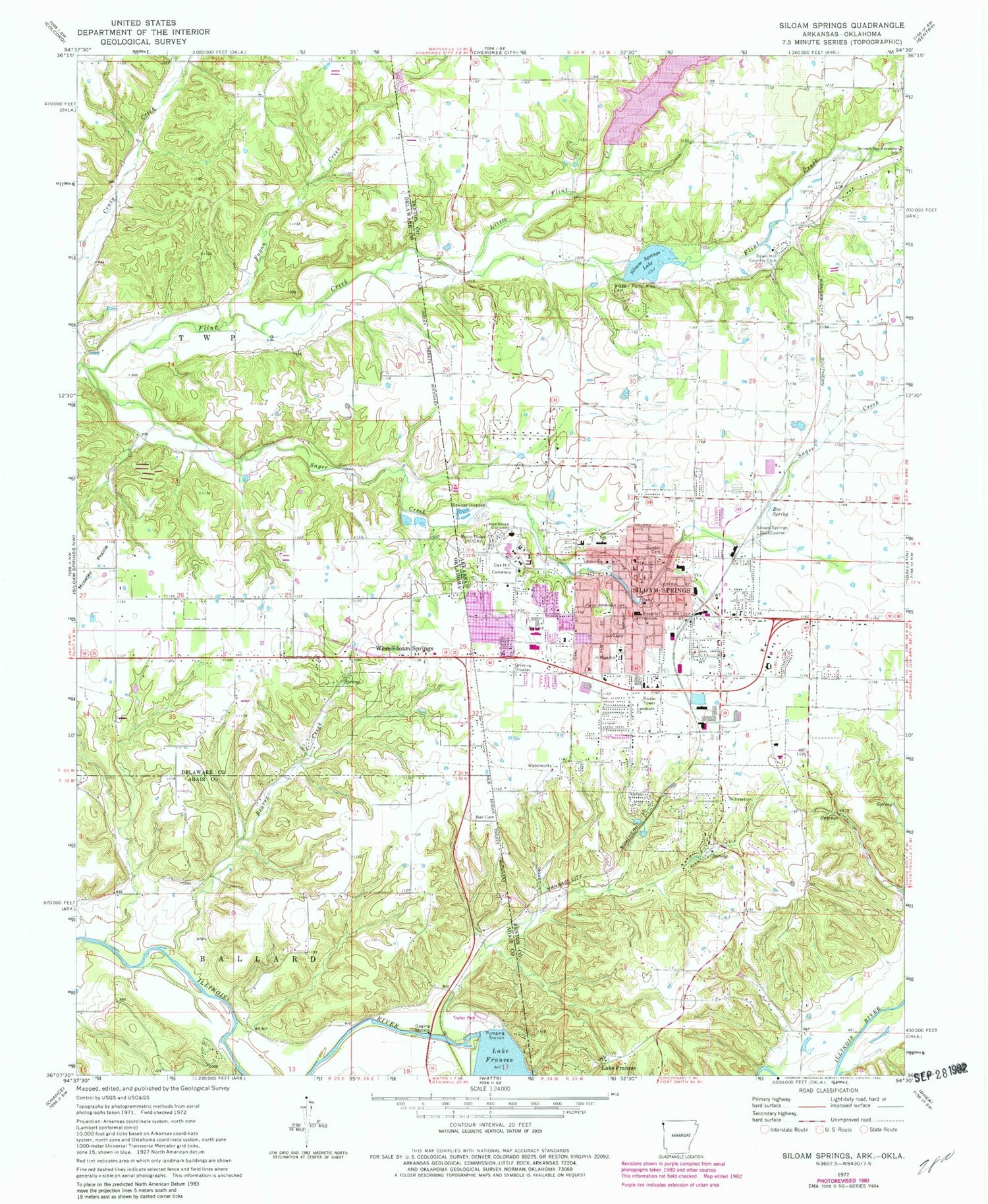 Classic USGS Siloam Springs Arkansas 7.5'x7.5' Topo Map Image