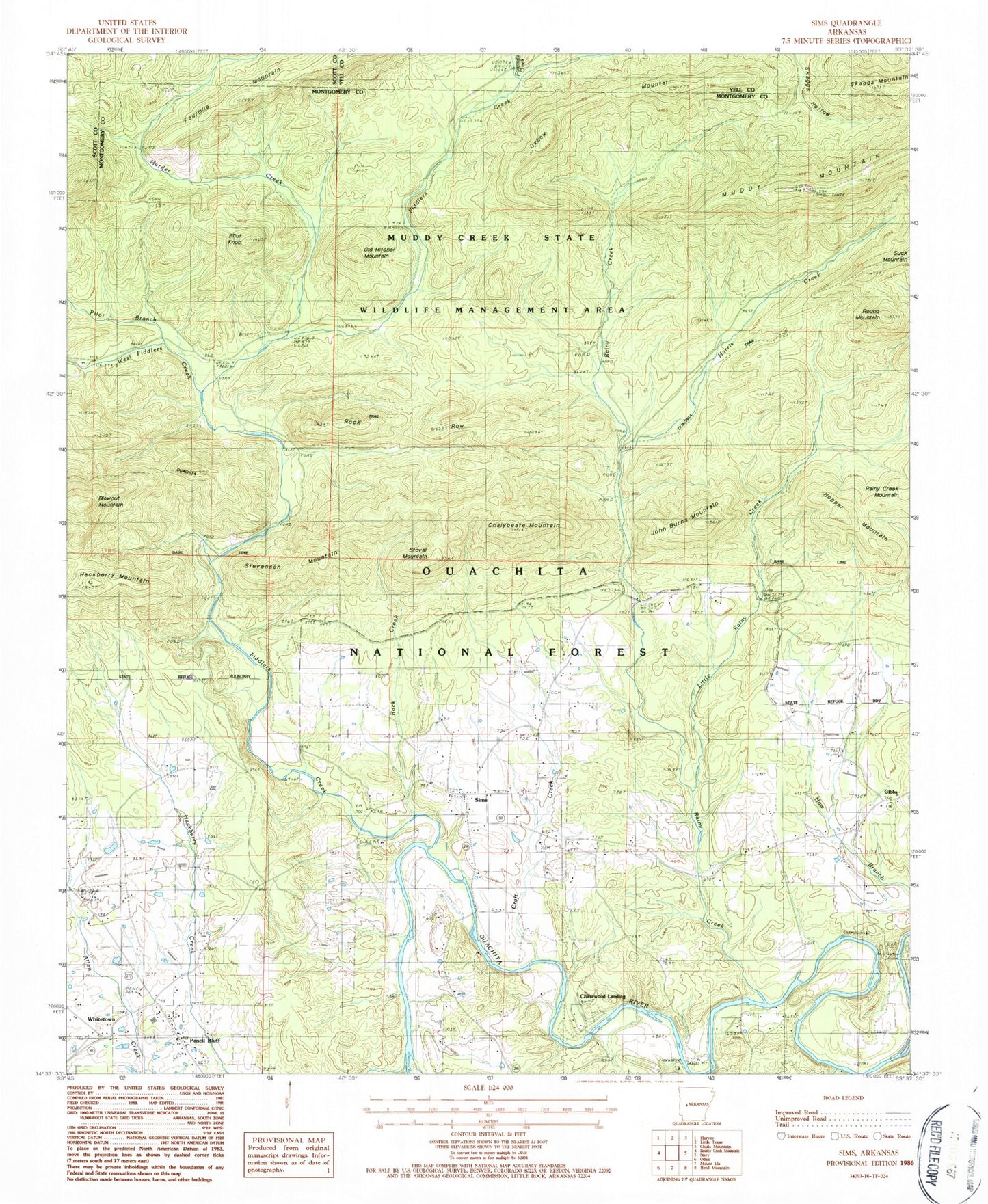 Classic USGS Sims Arkansas 7.5'x7.5' Topo Map Image