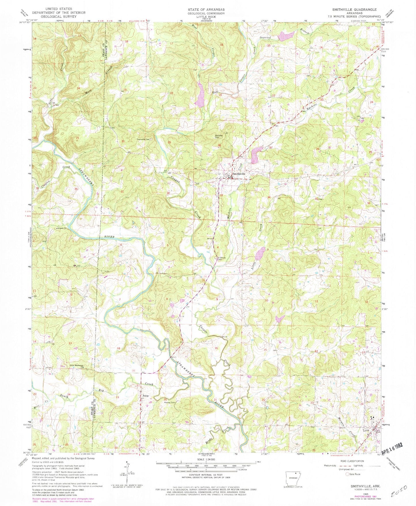 Classic USGS Smithville Arkansas 7.5'x7.5' Topo Map Image