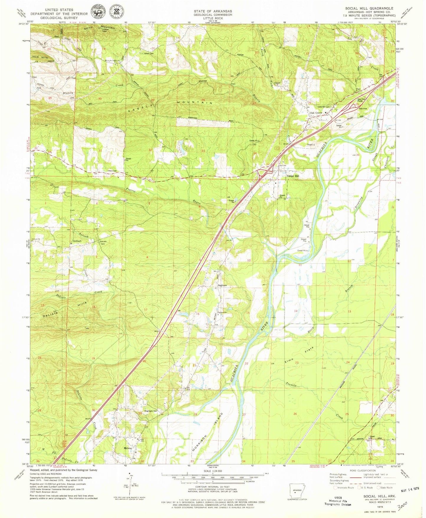Classic USGS Social Hill Arkansas 7.5'x7.5' Topo Map Image