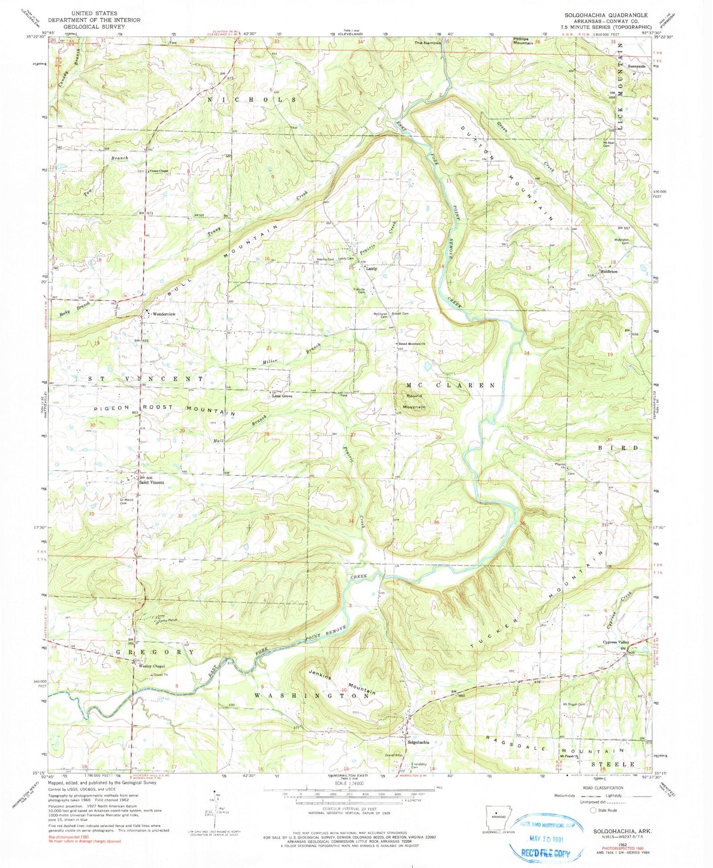 Classic USGS Solgohachia Arkansas 7.5'x7.5' Topo Map Image