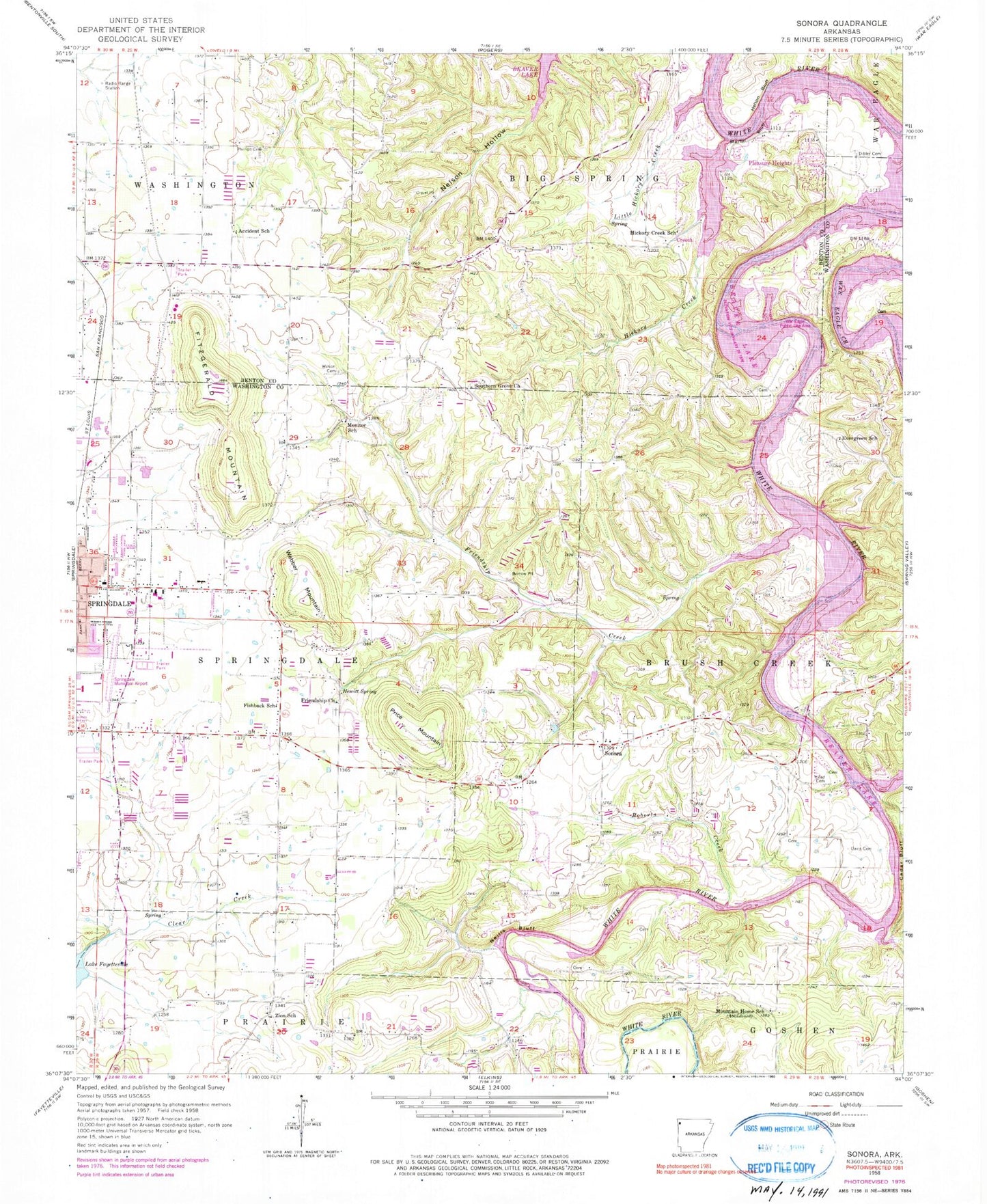 Classic USGS Sonora Arkansas 7.5'x7.5' Topo Map Image