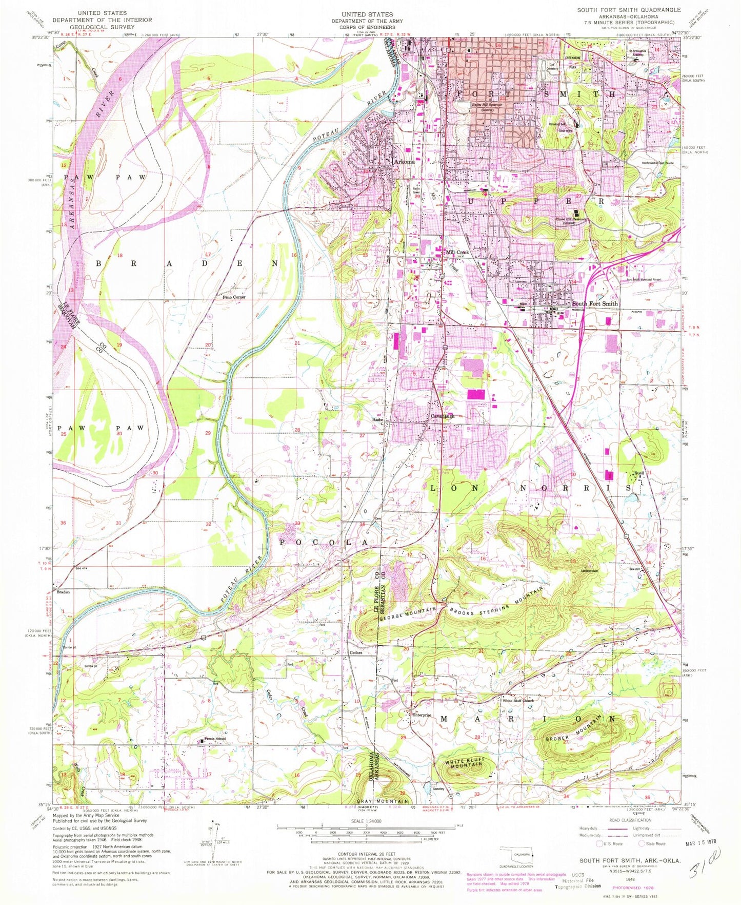 Classic USGS South Fort Smith Arkansas 7.5'x7.5' Topo Map Image