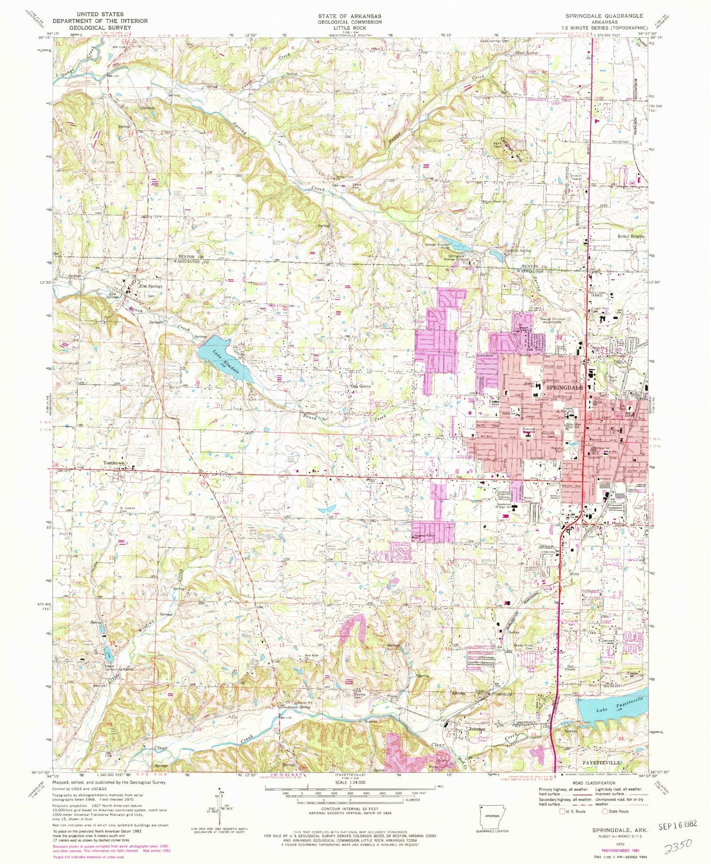 Classic USGS Springdale Arkansas 7.5'x7.5' Topo Map Image