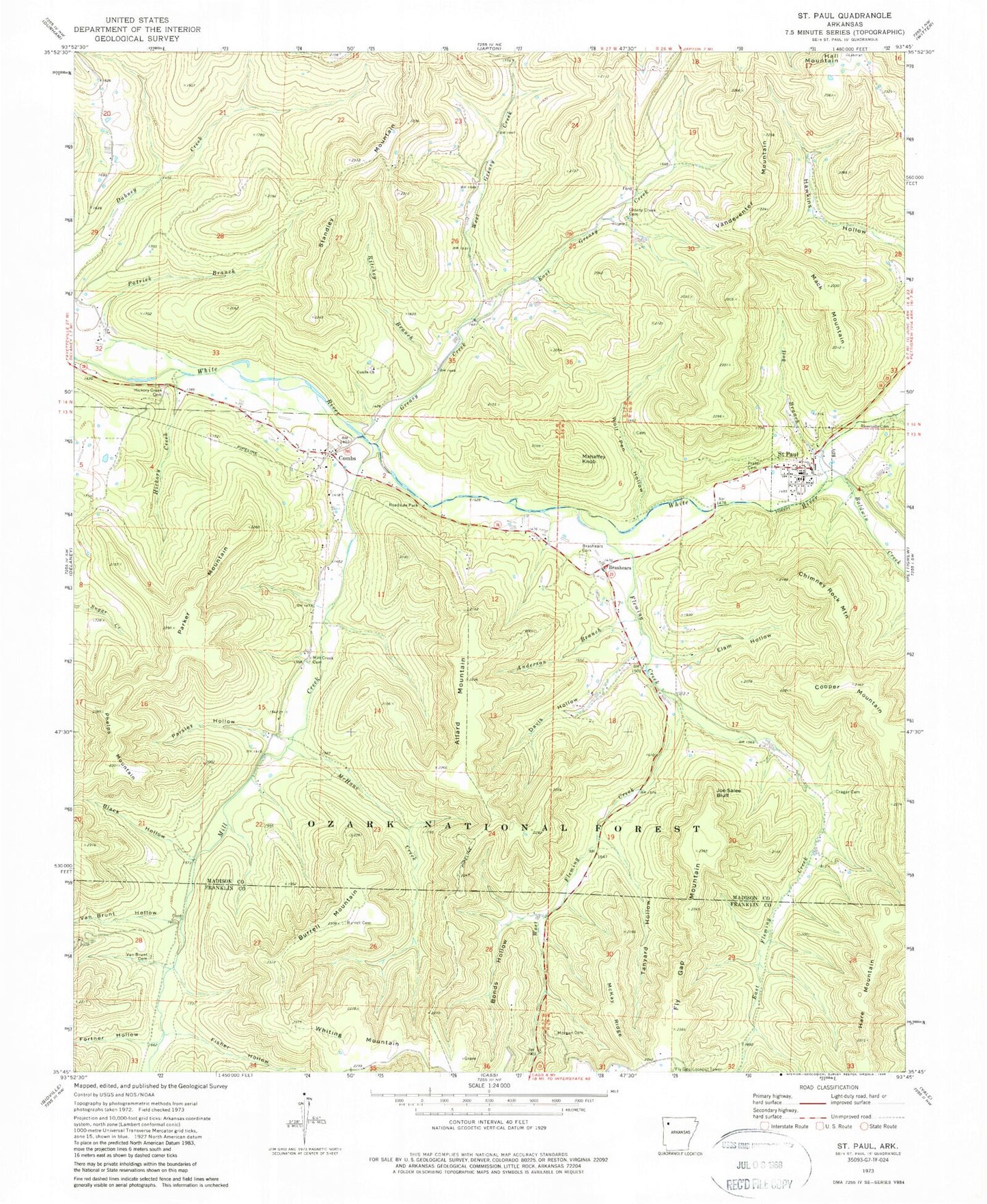Classic USGS Saint Paul Arkansas 7.5'x7.5' Topo Map Image