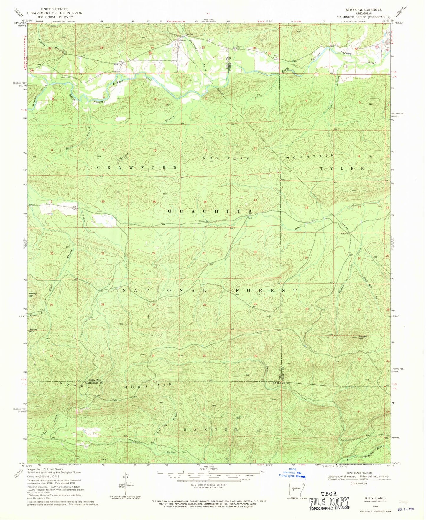 Classic USGS Steve Arkansas 7.5'x7.5' Topo Map Image