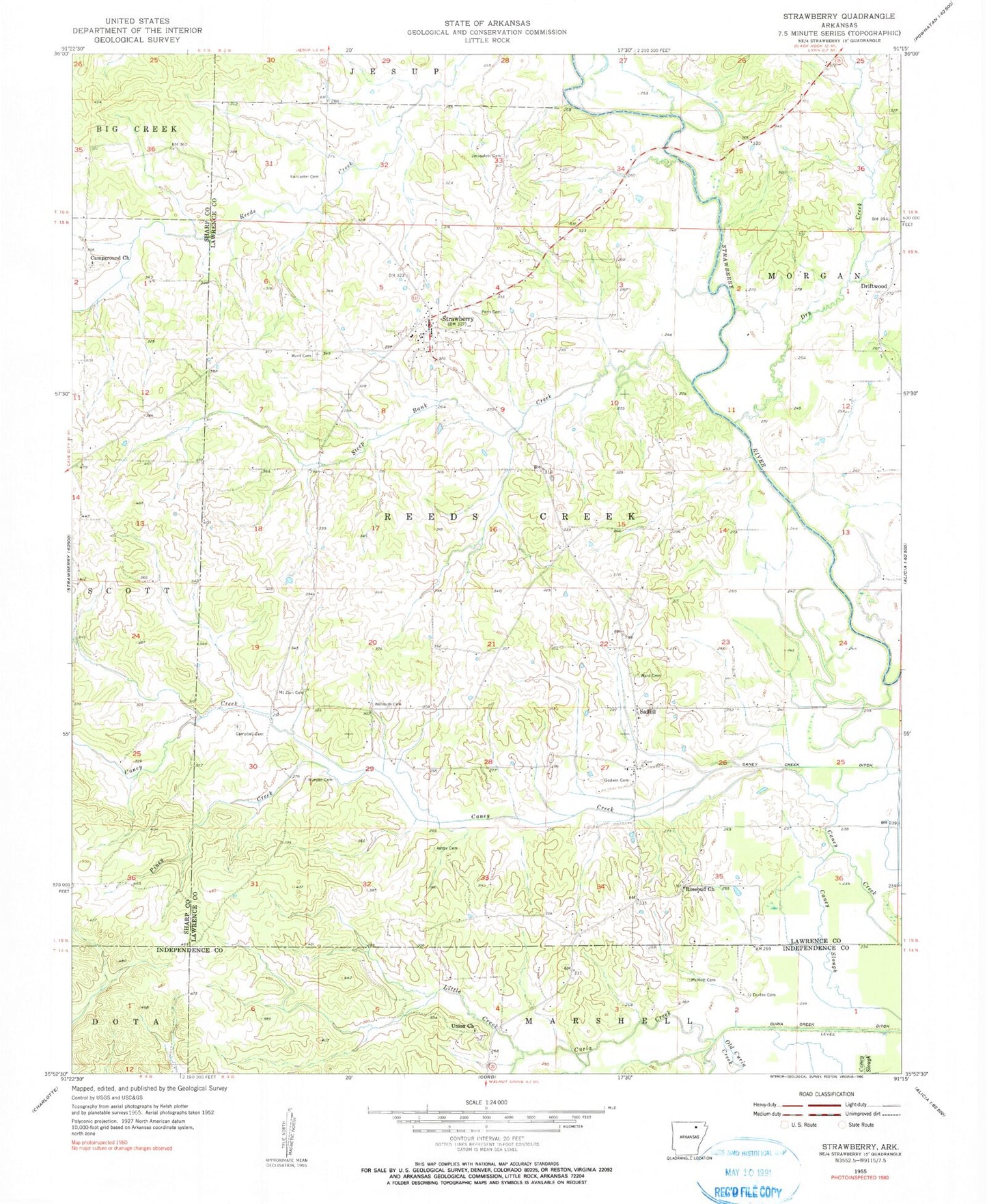 Classic USGS Strawberry Arkansas 7.5'x7.5' Topo Map Image