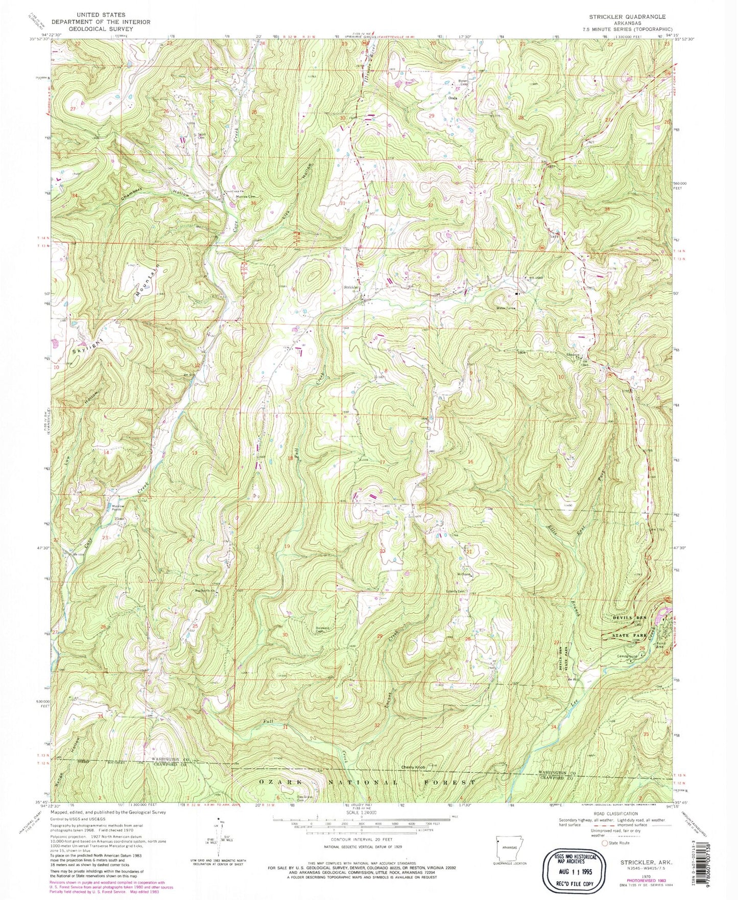 Classic USGS Strickler Arkansas 7.5'x7.5' Topo Map Image