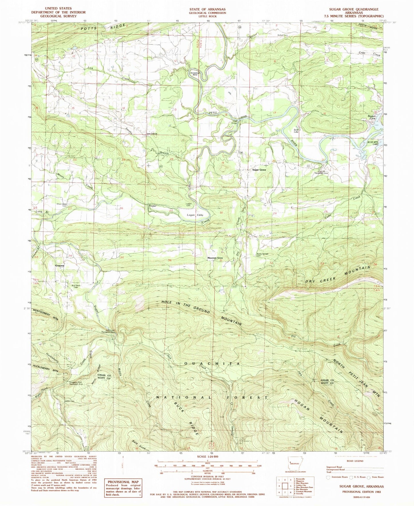 Classic USGS Sugar Grove Arkansas 7.5'x7.5' Topo Map Image