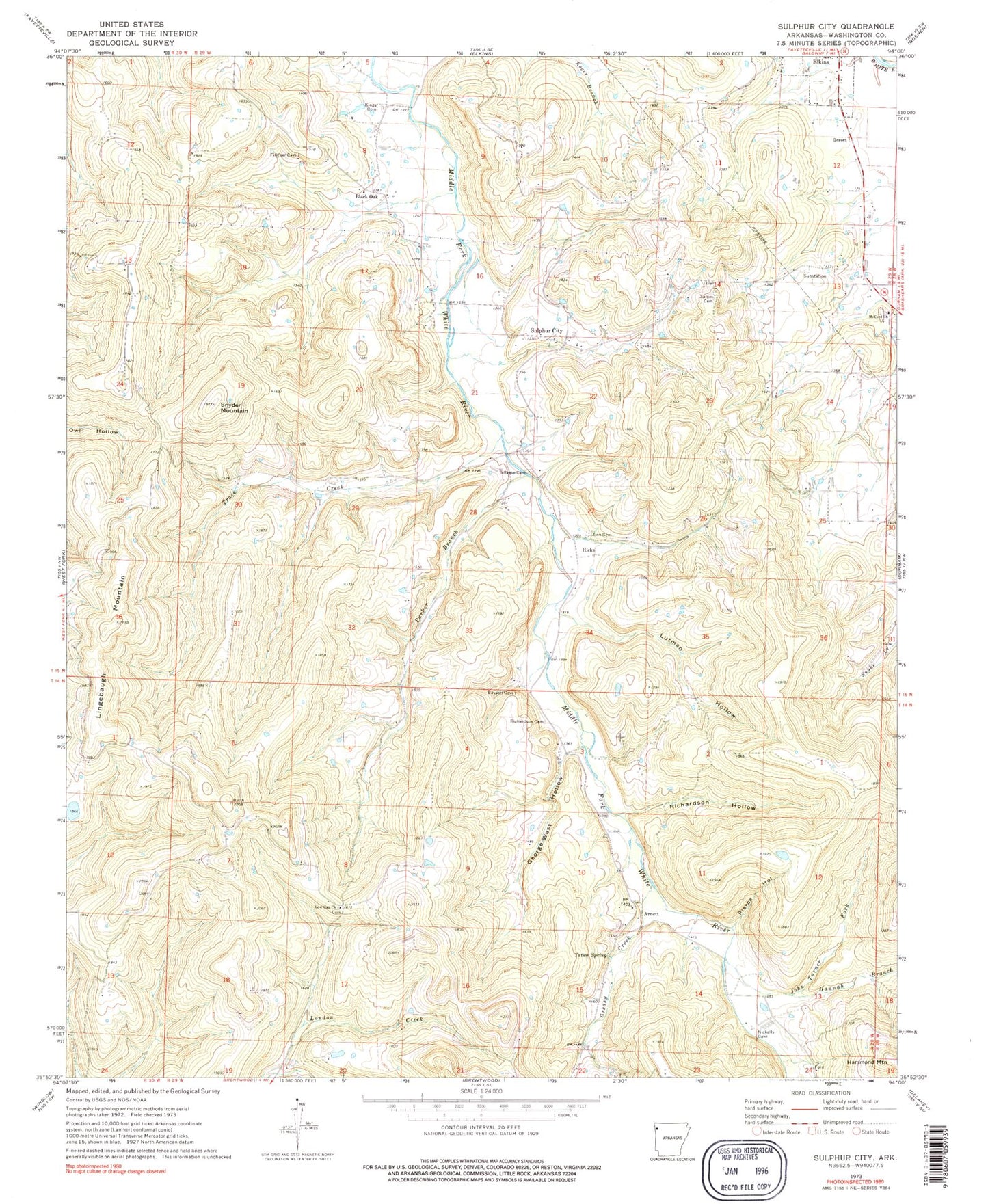 Classic USGS Sulphur City Arkansas 7.5'x7.5' Topo Map Image