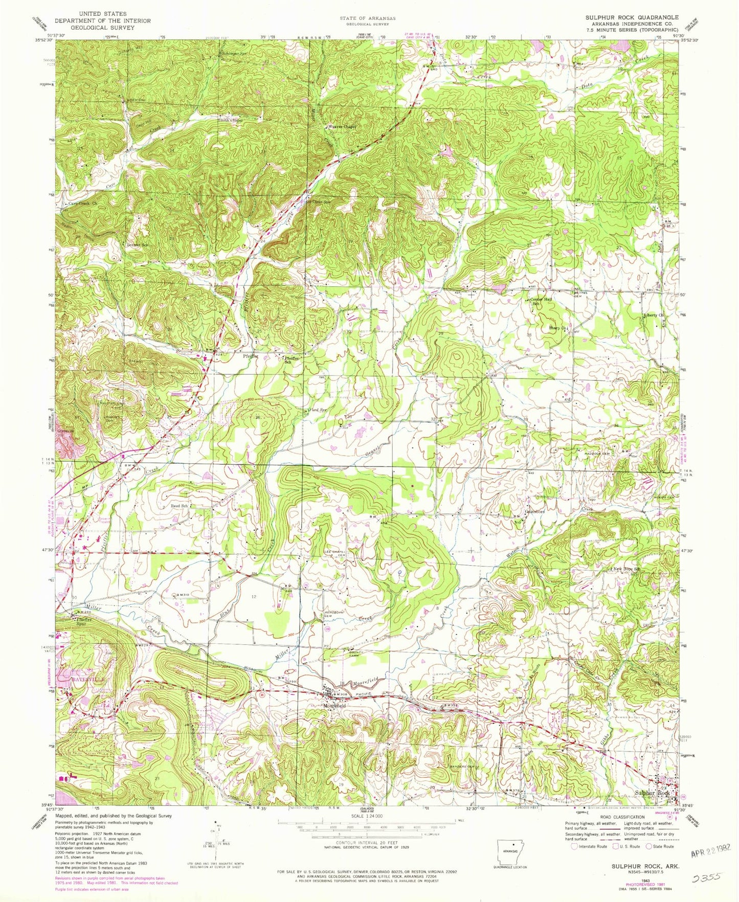 Classic USGS Sulphur Rock Arkansas 7.5'x7.5' Topo Map Image