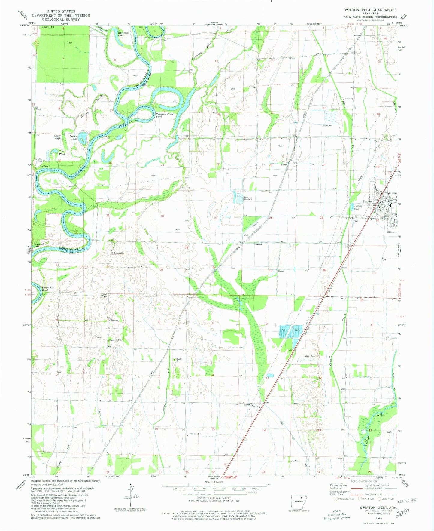 Classic USGS Swifton West Arkansas 7.5'x7.5' Topo Map Image