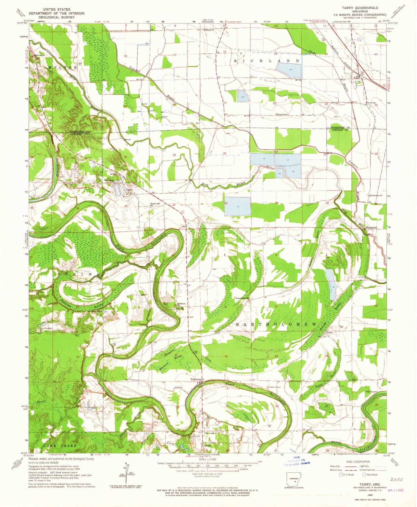 Classic USGS Tarry Arkansas 7.5'x7.5' Topo Map Image