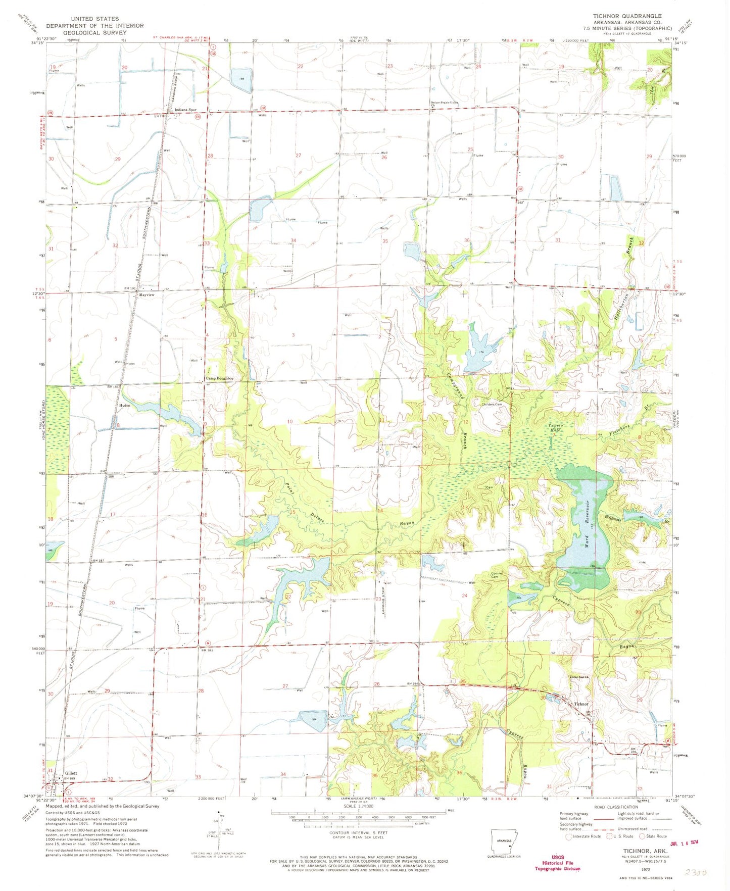 Classic USGS Tichnor Arkansas 7.5'x7.5' Topo Map Image