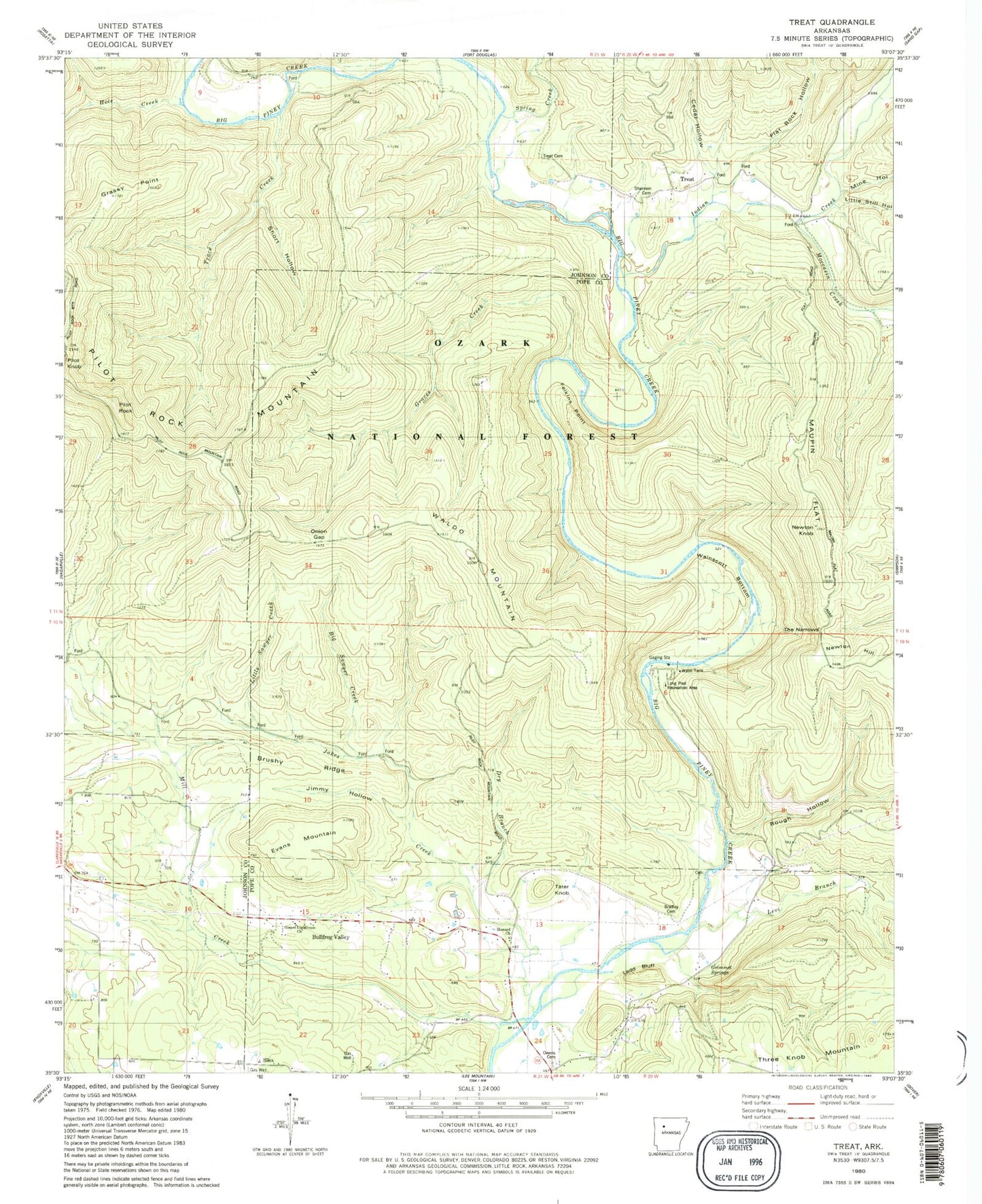 Classic USGS Treat Arkansas 7.5'x7.5' Topo Map Image