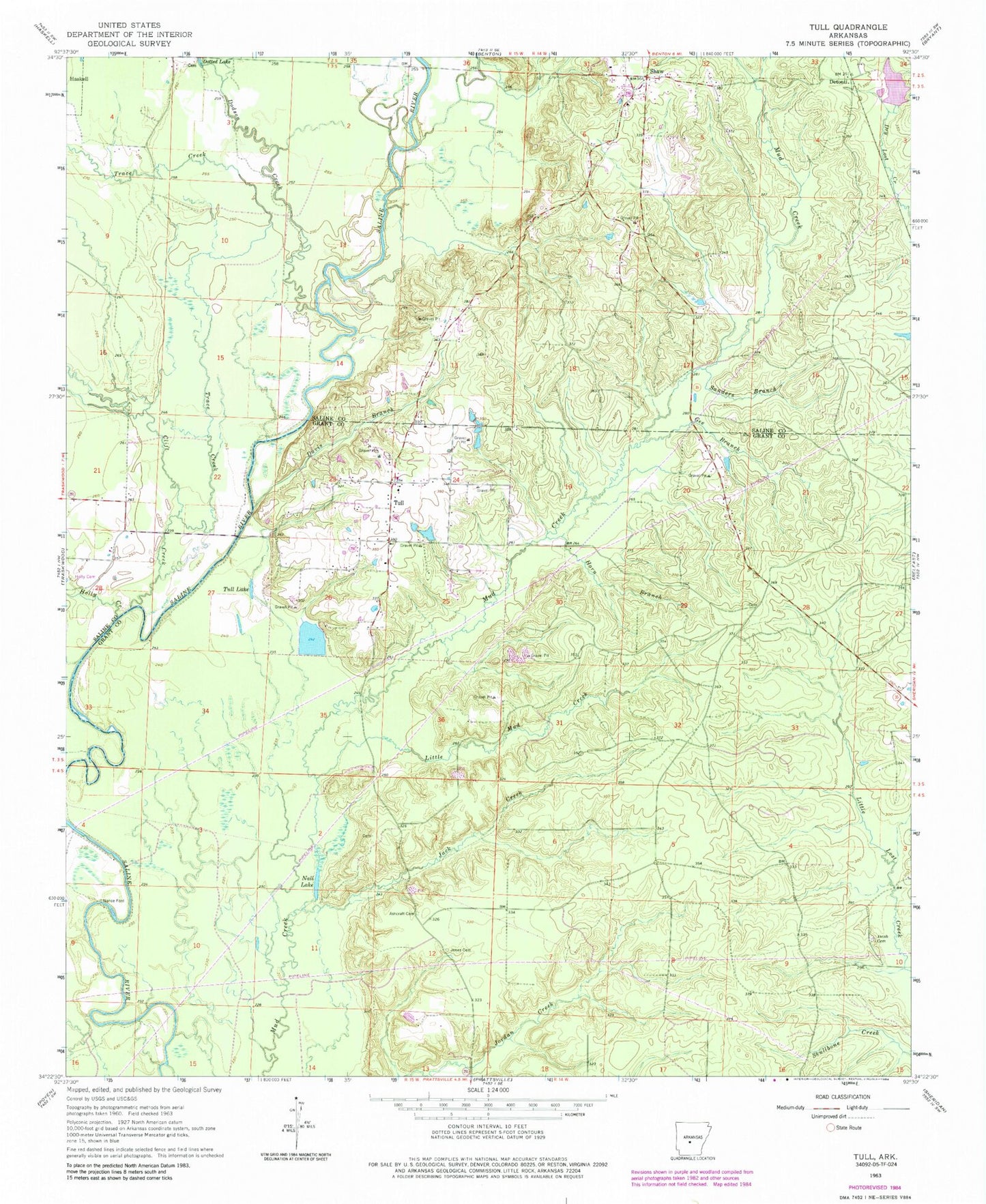 Classic USGS Tull Arkansas 7.5'x7.5' Topo Map Image