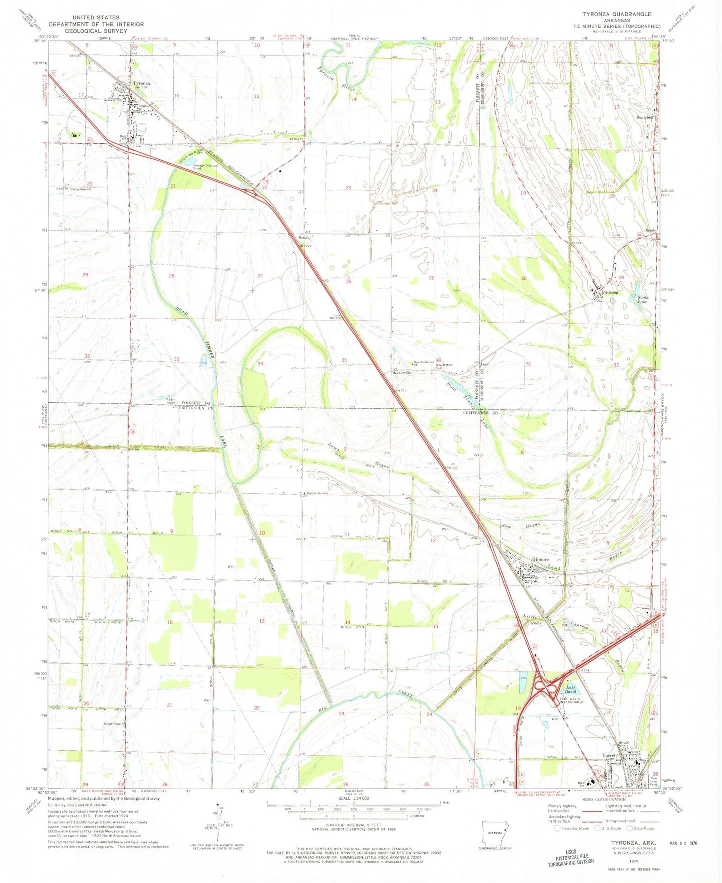 Classic USGS Tyronza Arkansas 7.5'x7.5' Topo Map Image