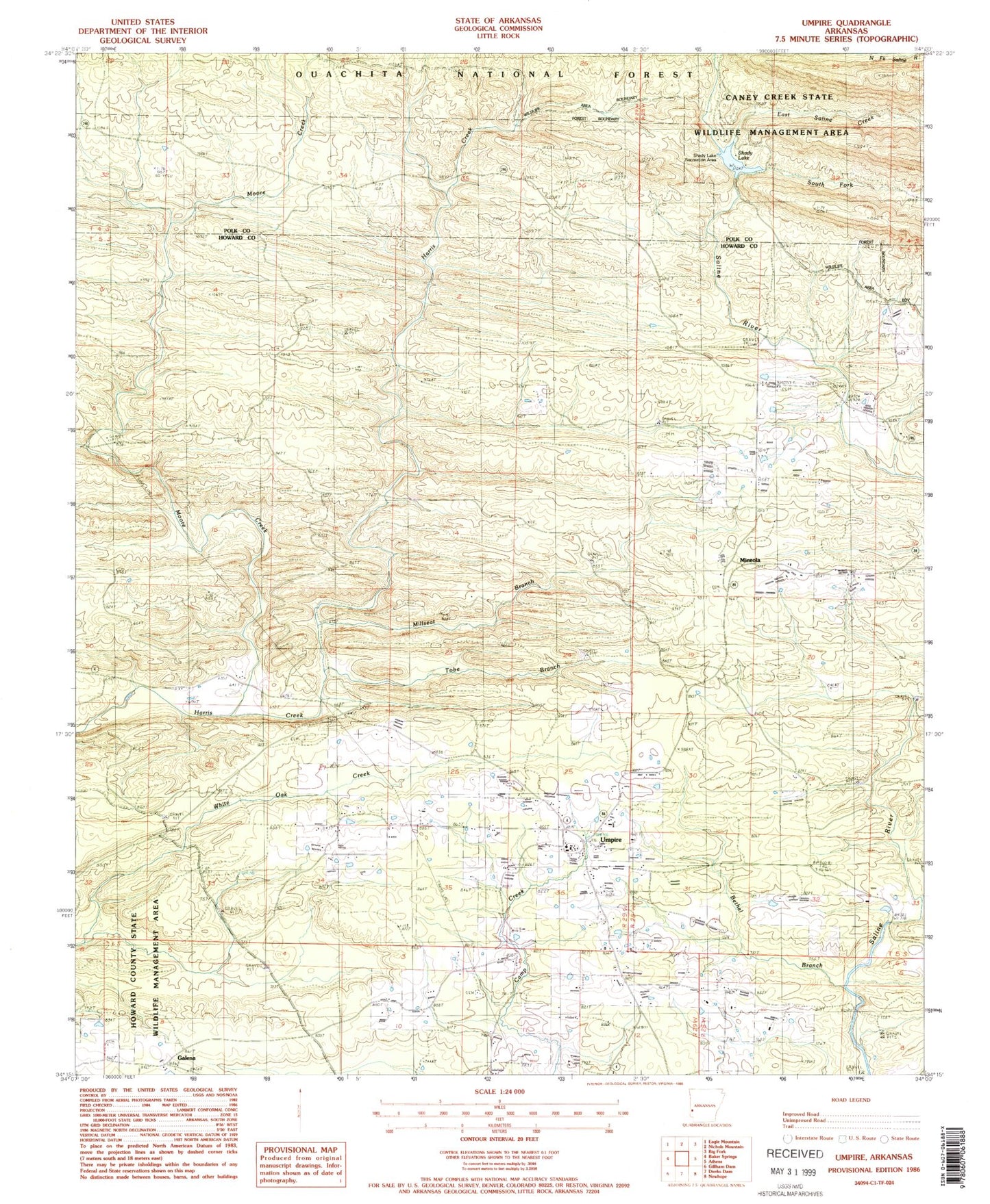 Classic USGS Umpire Arkansas 7.5'x7.5' Topo Map Image