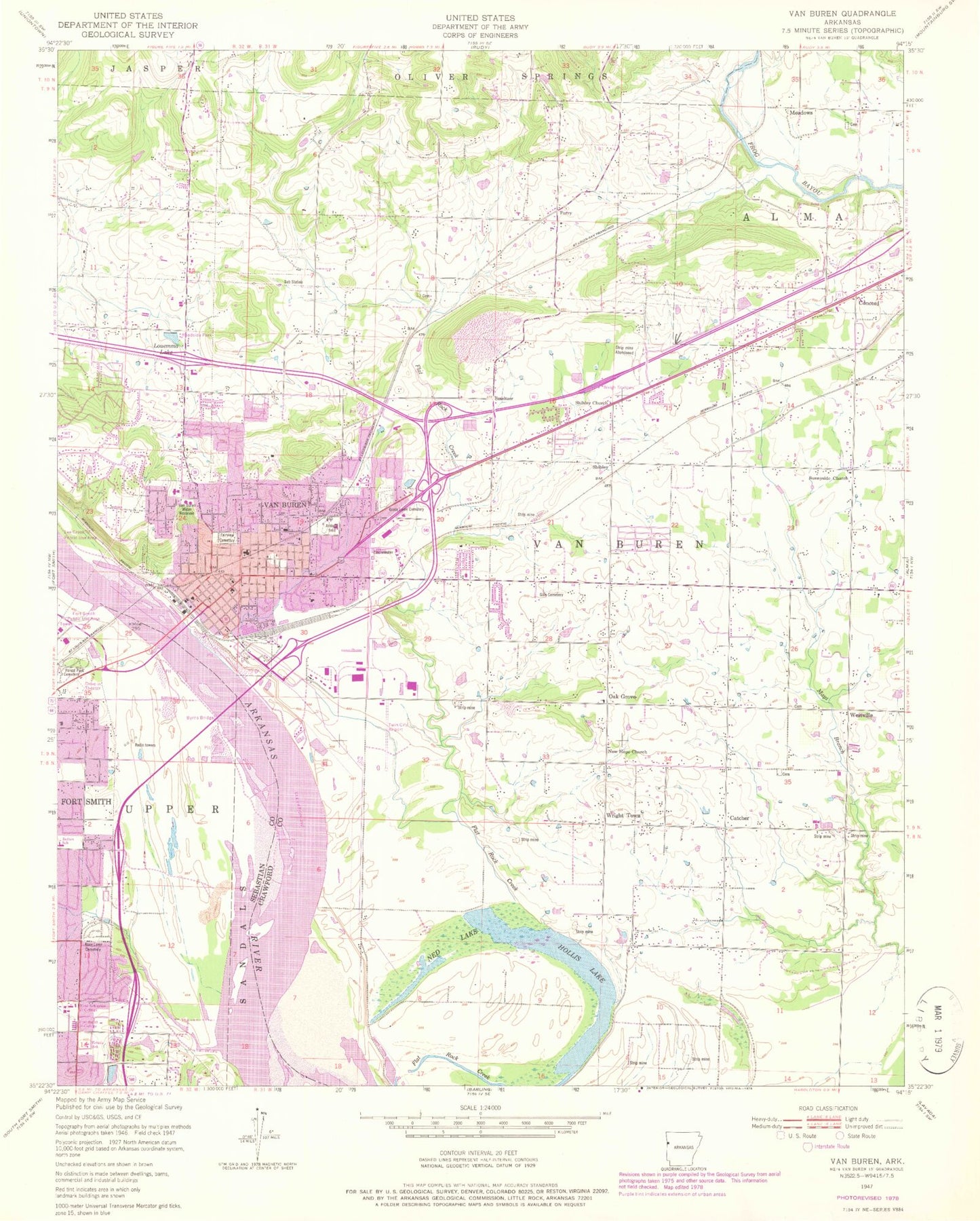 Classic USGS Van Buren Arkansas 7.5'x7.5' Topo Map Image