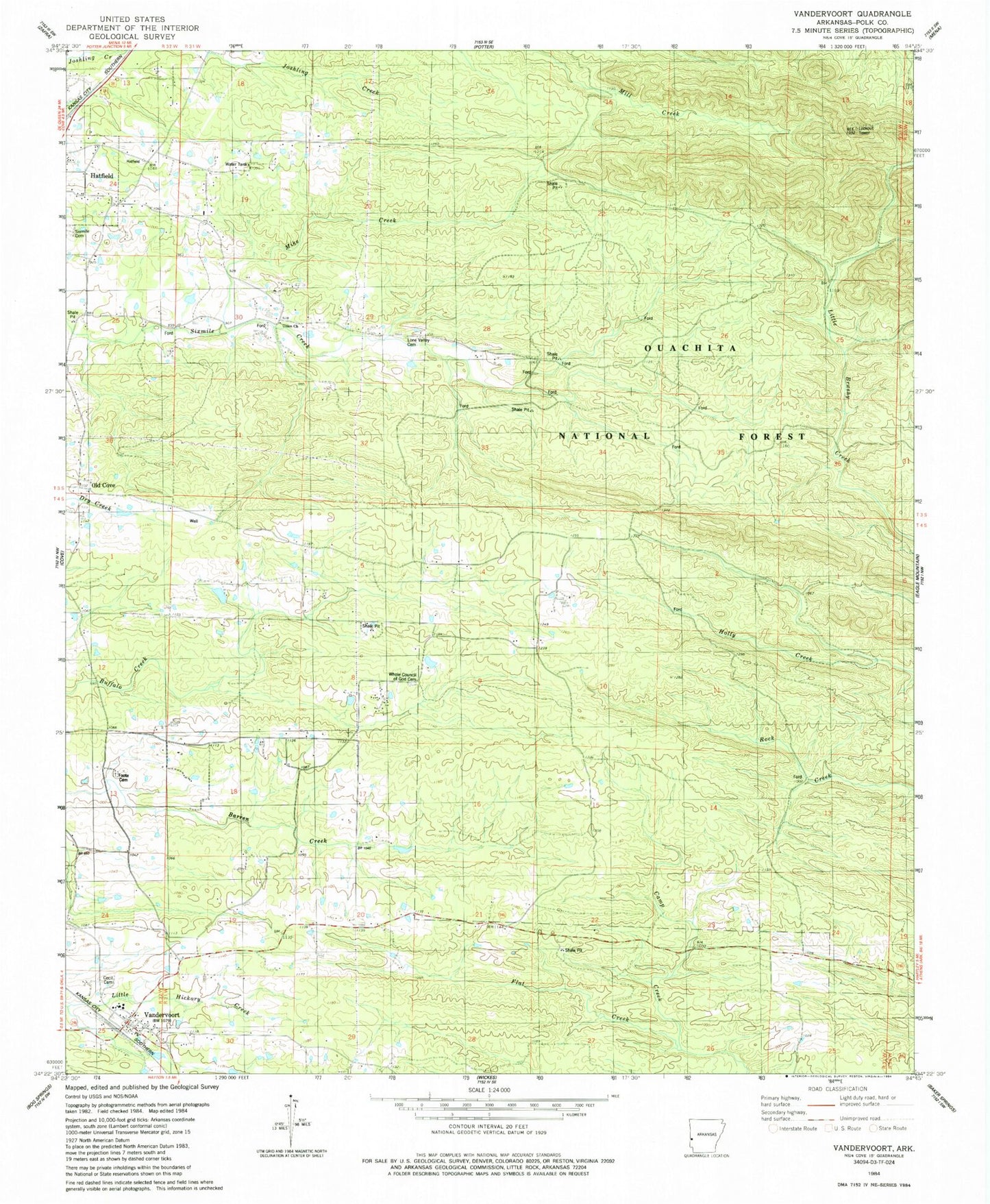 Classic USGS Vandervoort Arkansas 7.5'x7.5' Topo Map Image