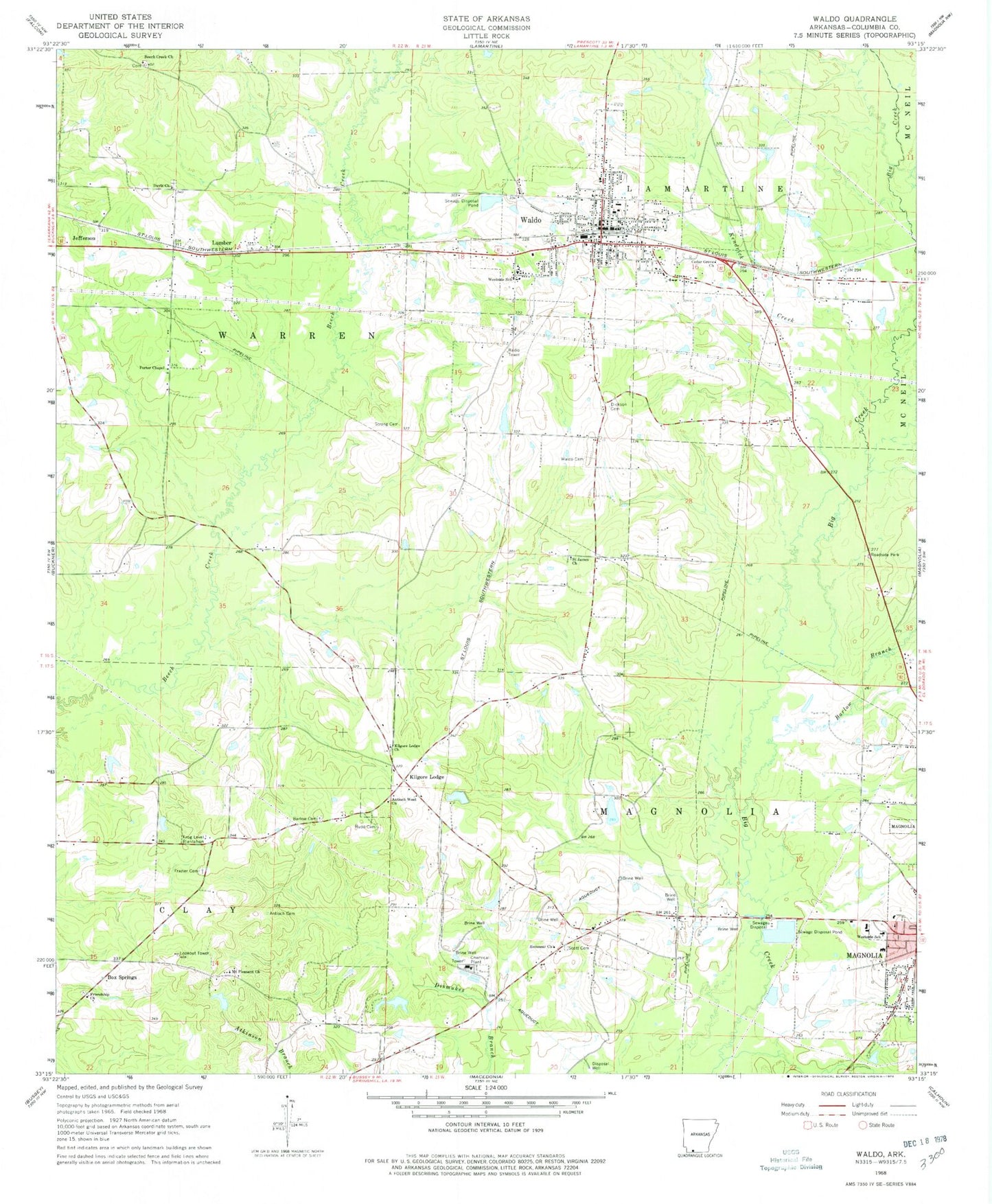Classic USGS Waldo Arkansas 7.5'x7.5' Topo Map Image