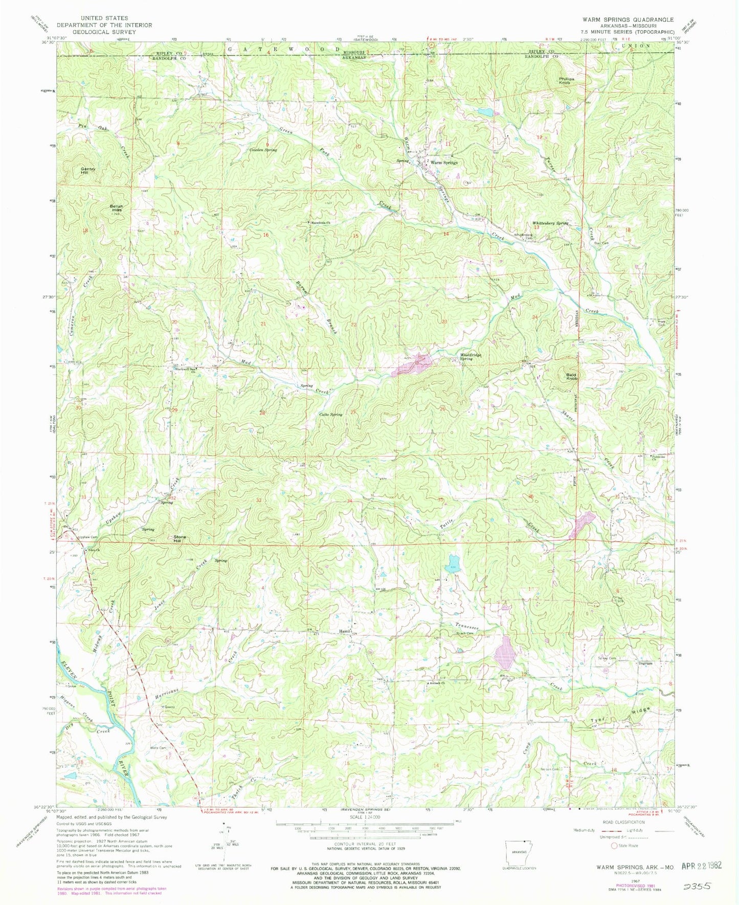 Classic USGS Warm Springs Arkansas 7.5'x7.5' Topo Map Image