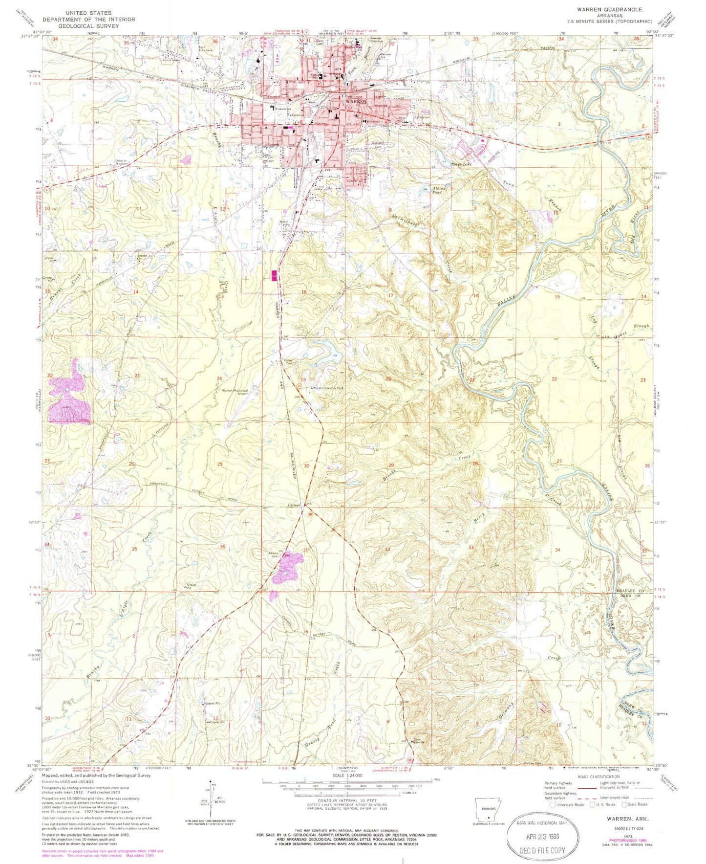 Classic USGS Warren Arkansas 7.5'x7.5' Topo Map Image