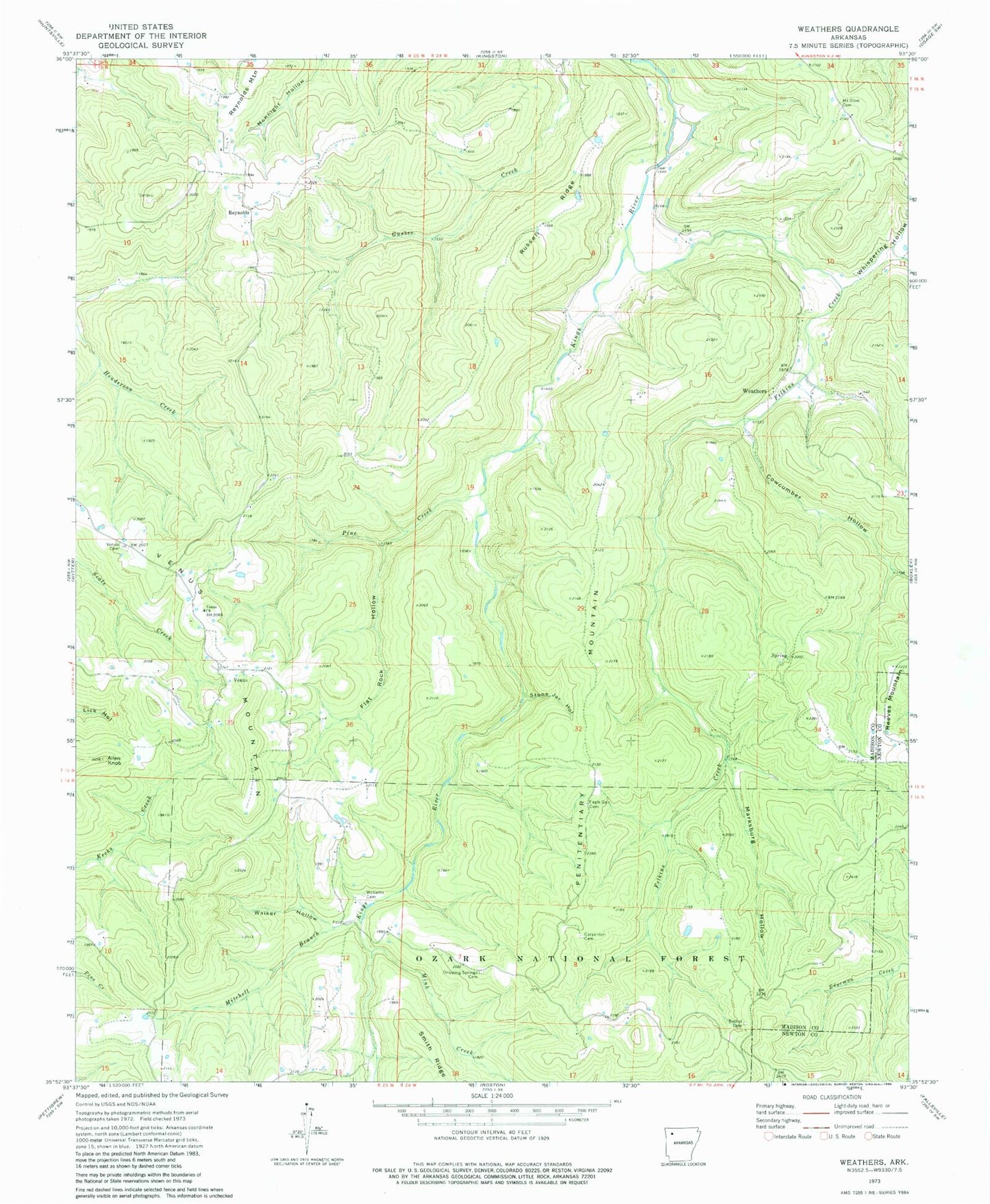 Classic USGS Weathers Arkansas 7.5'x7.5' Topo Map Image