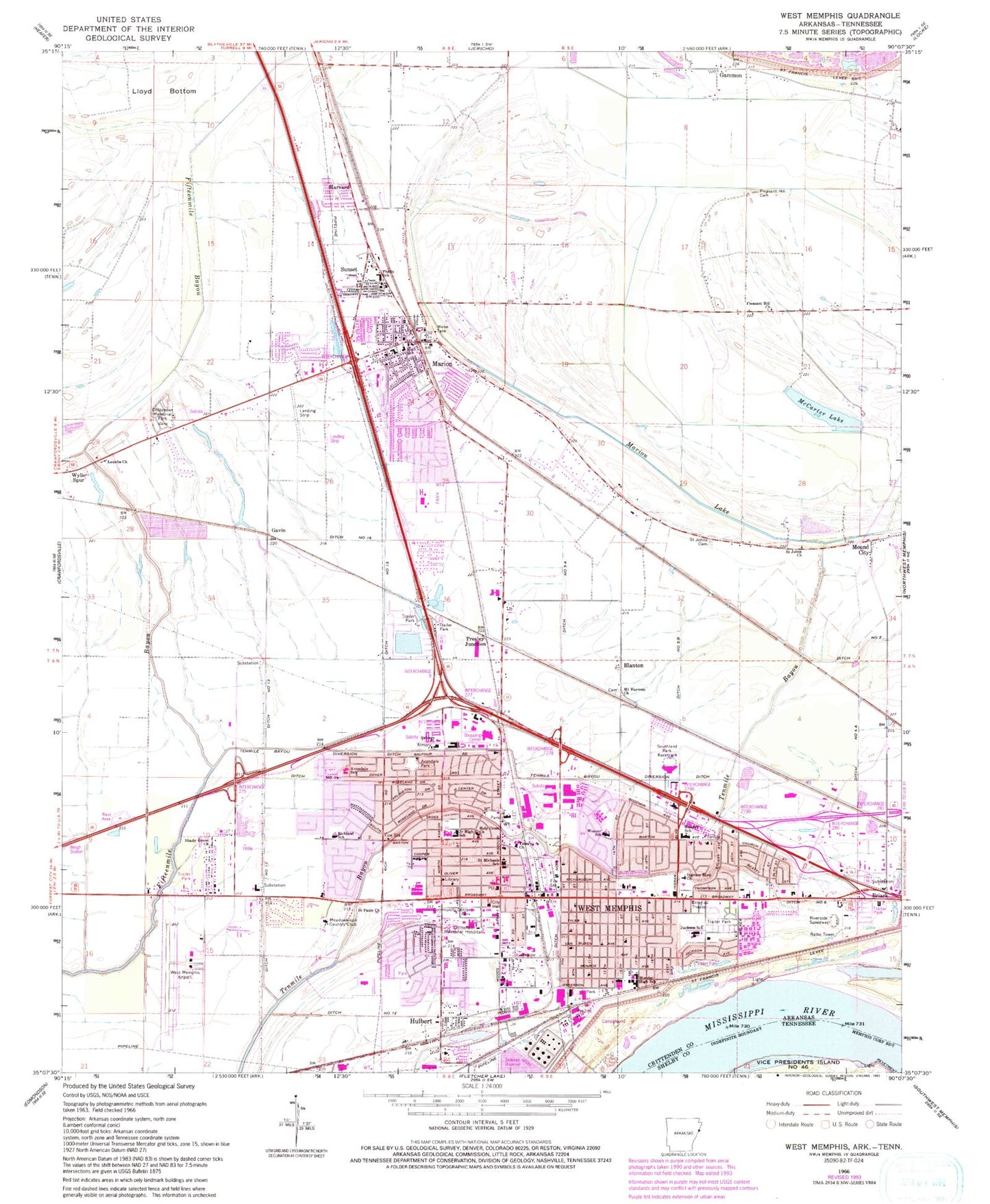 Classic USGS West Memphis Arkansas 7.5'x7.5' Topo Map Image