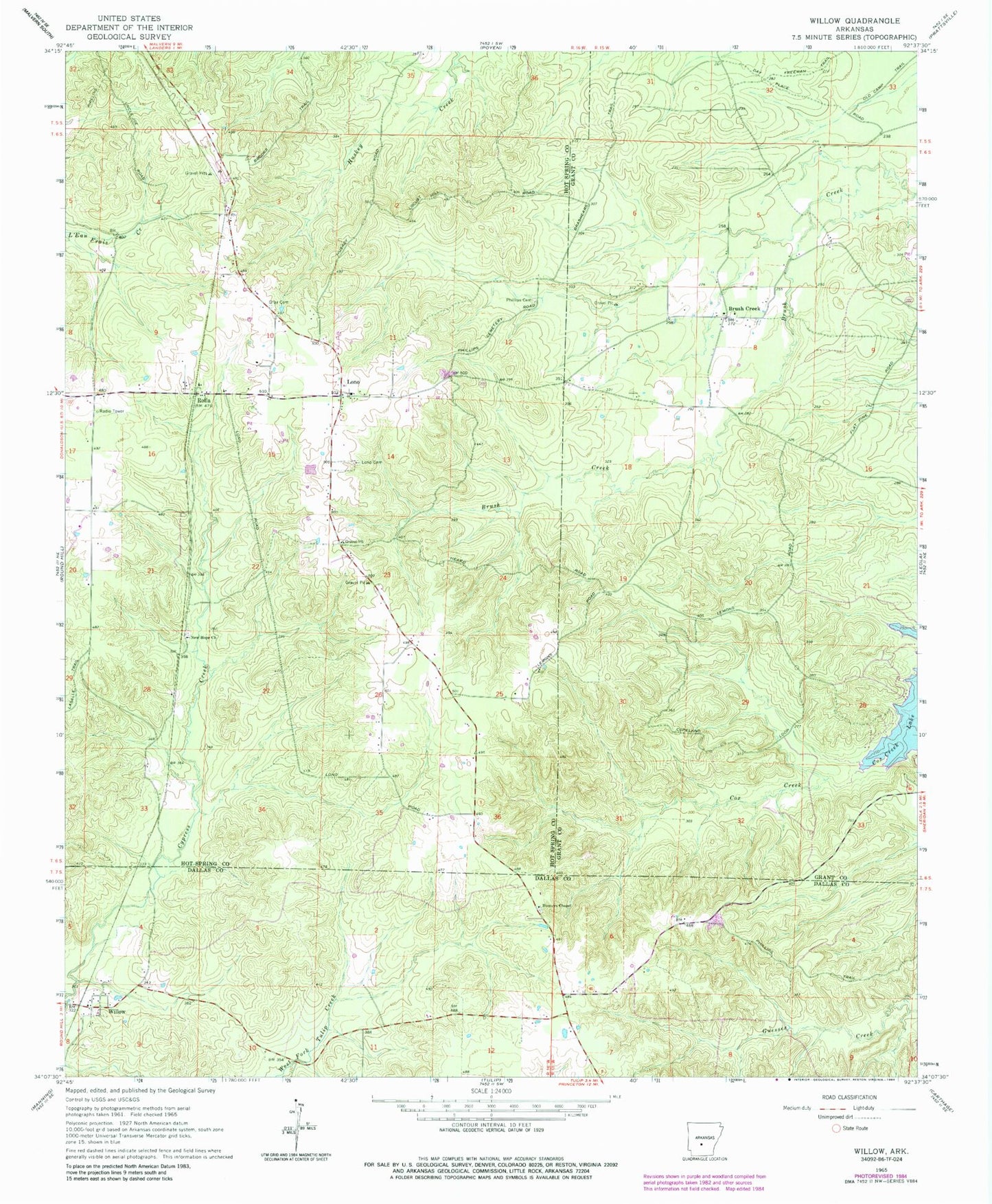 Classic USGS Willow Arkansas 7.5'x7.5' Topo Map Image