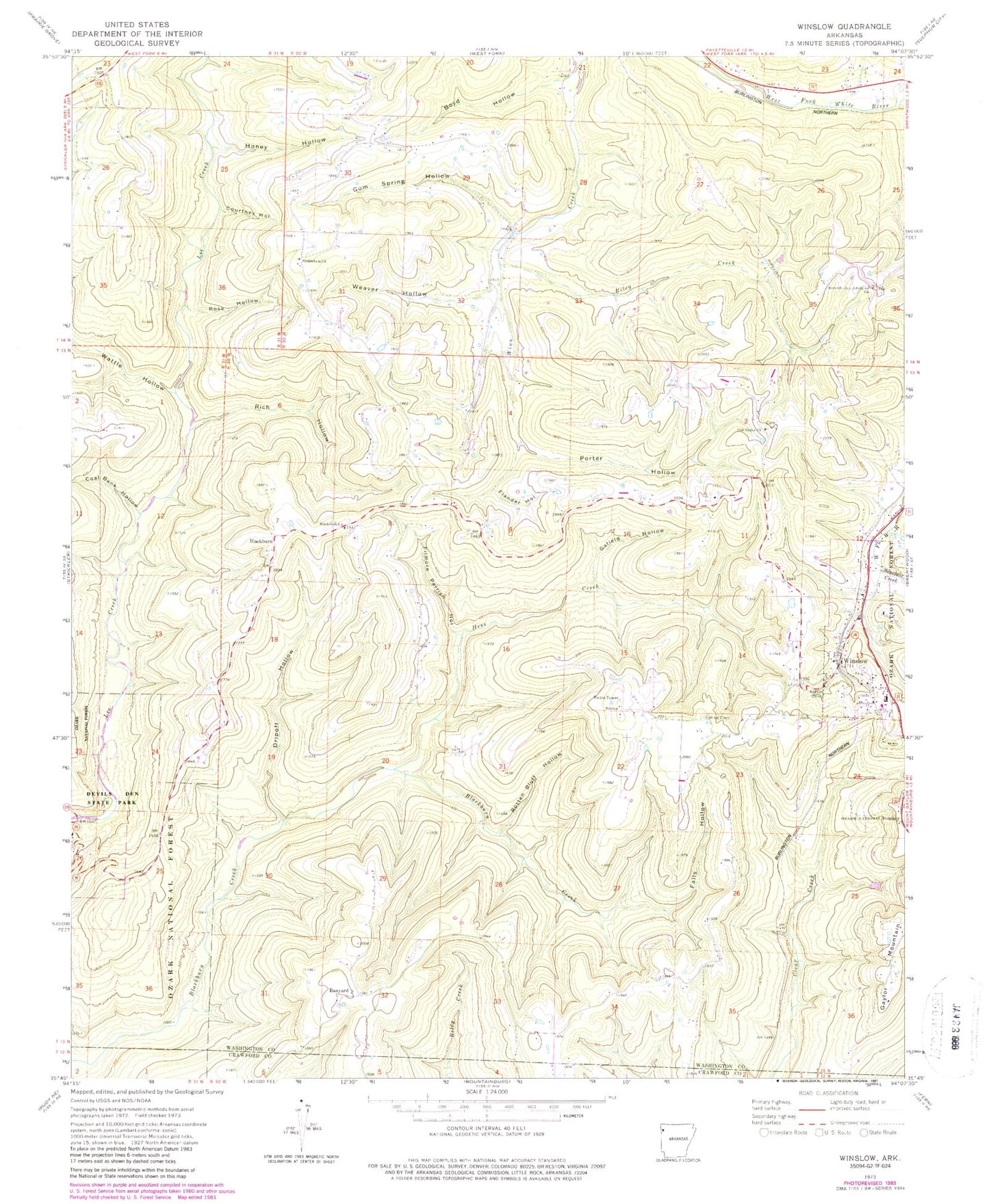 Classic USGS Winslow Arkansas 7.5'x7.5' Topo Map Image
