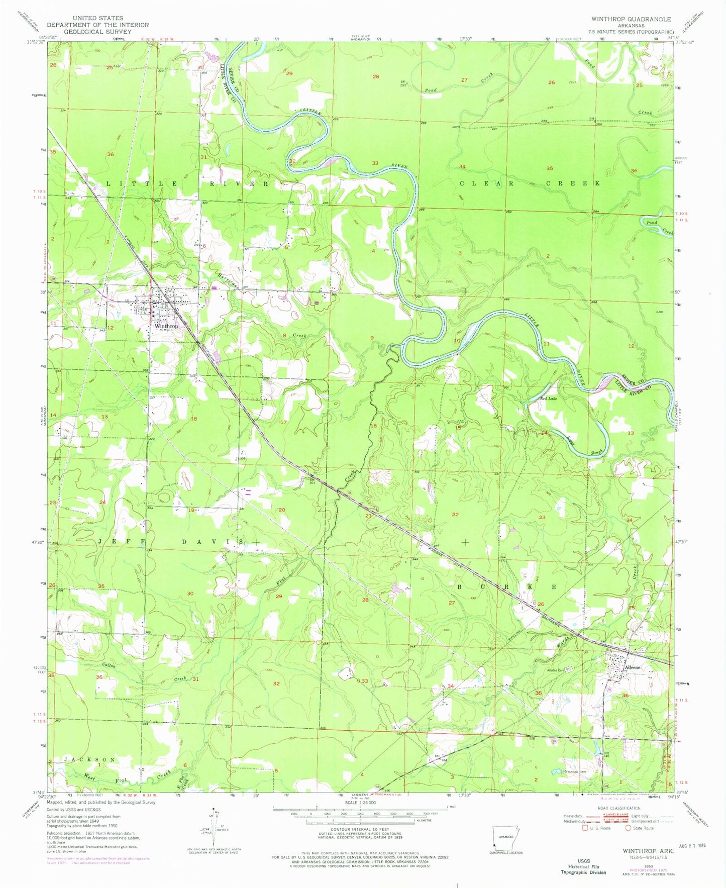 Classic USGS Winthrop Arkansas 7.5'x7.5' Topo Map Image
