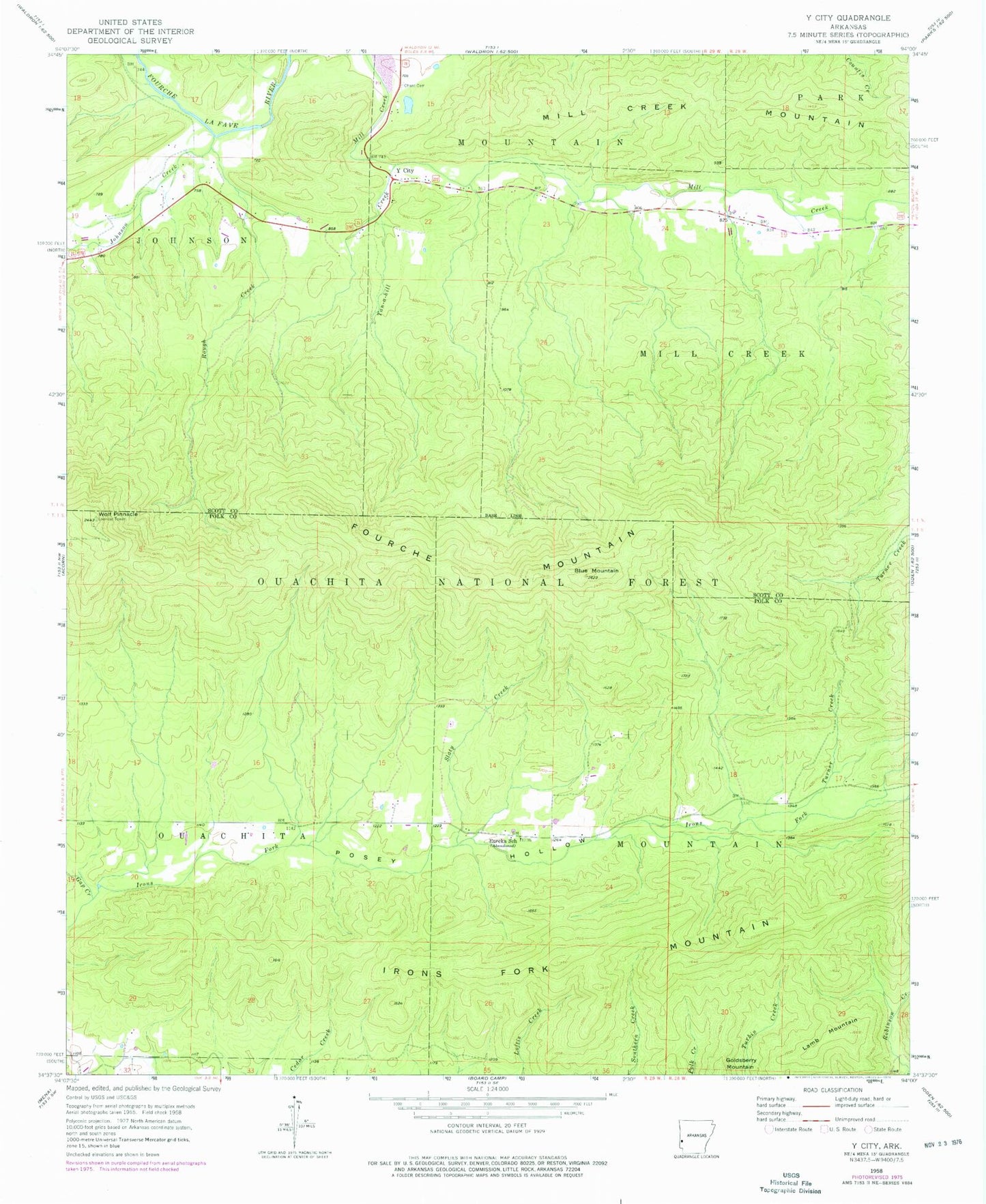 Classic USGS Y City Arkansas 7.5'x7.5' Topo Map Image