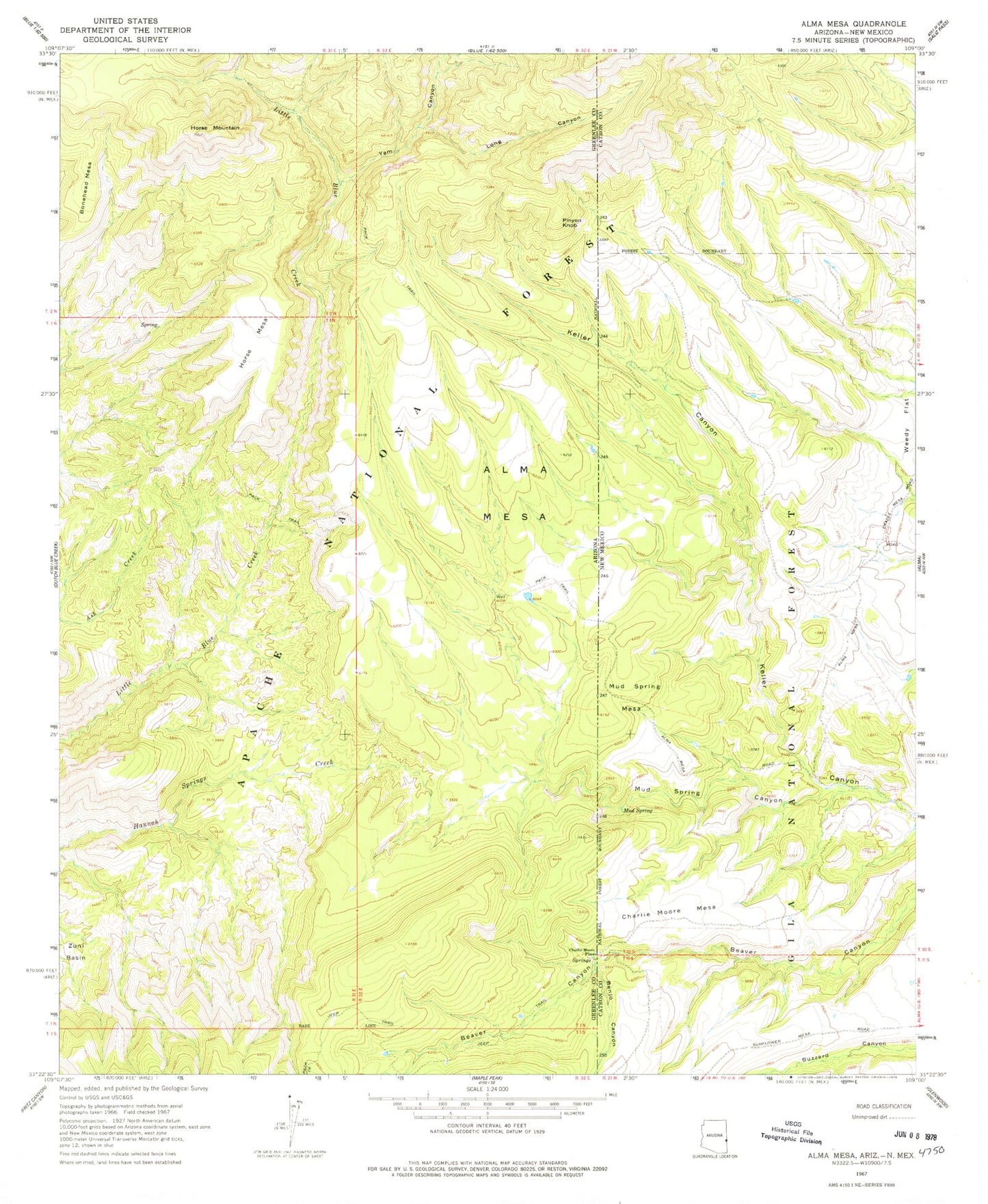 Classic USGS Alma Mesa Arizona 7.5'x7.5' Topo Map Image
